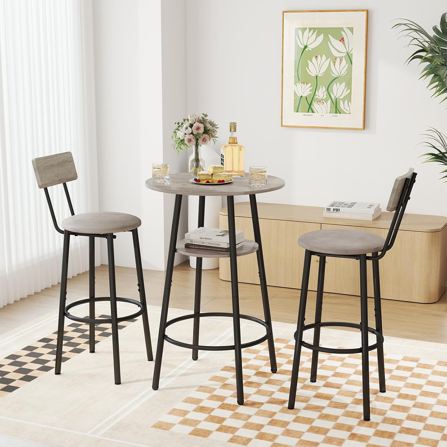 3 Piece Round Bar Table and Chairs Set, Small Dining Table for 2 People, Breakfast Table with 2 Upholstered Stools, Modern Kitchen Bar Table for Kitchens, Dining Rooms and Bistros - Rustic Brown