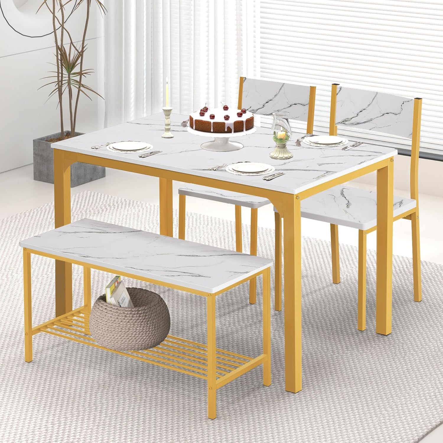 SogesHome 4-Piece Kitchen Table and 2 Chairs 4-Person Dining Set with Bench Suitable for small spaces, apartments, living rooms, dining rooms, golden
