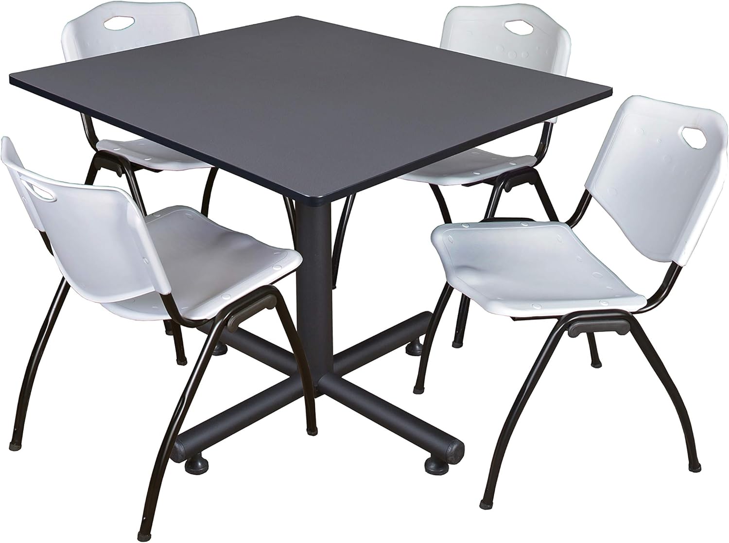 48" Square Split Chamber Table, Gray and 4 M Stacking Chair, Gray