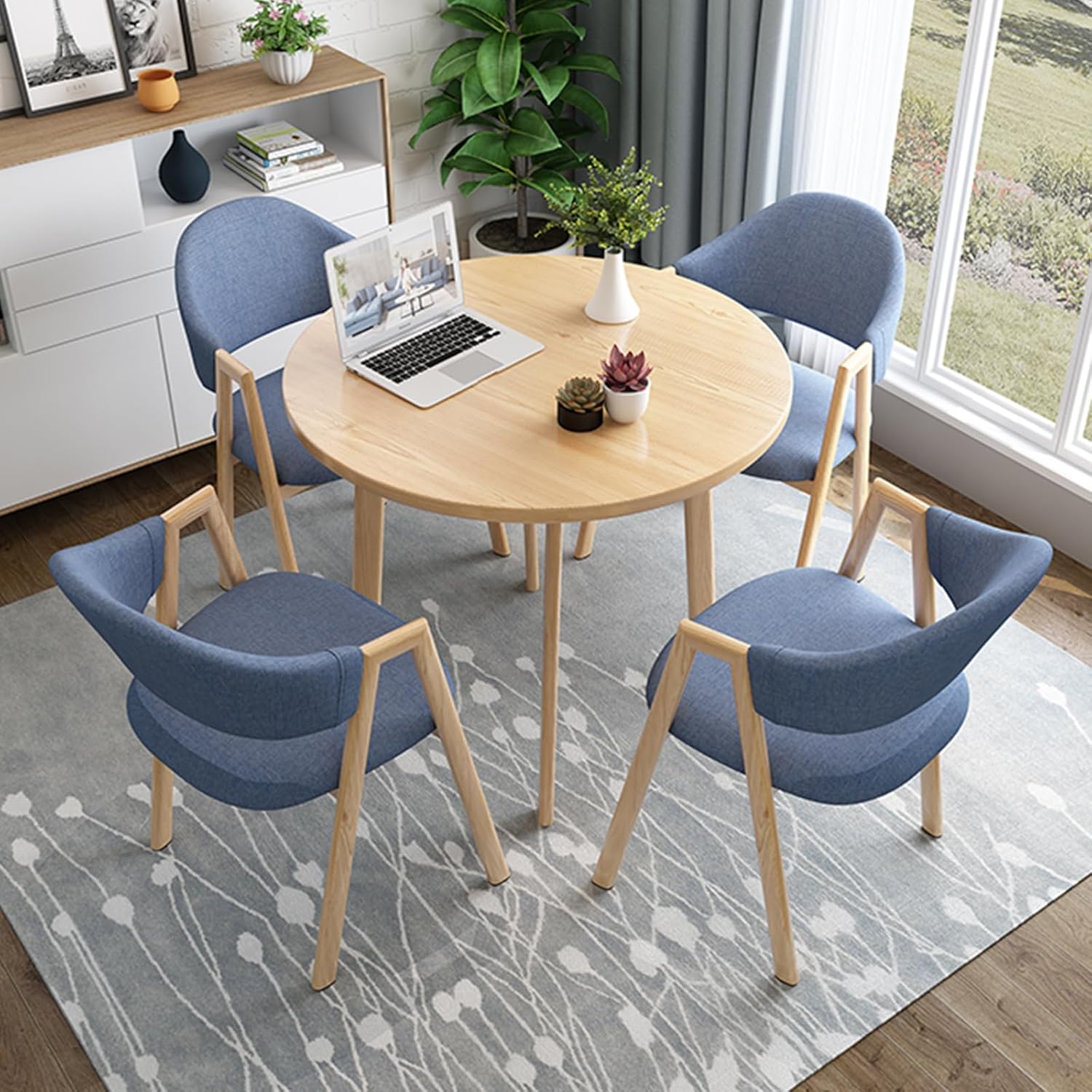 Desk and Chair Set for 4, Small Round Conference Table with Back Chairs, 5-Piece Space-Saving Negotiation Reception Room Table and Chairs (D 31.5 in/80 cm, Blue)