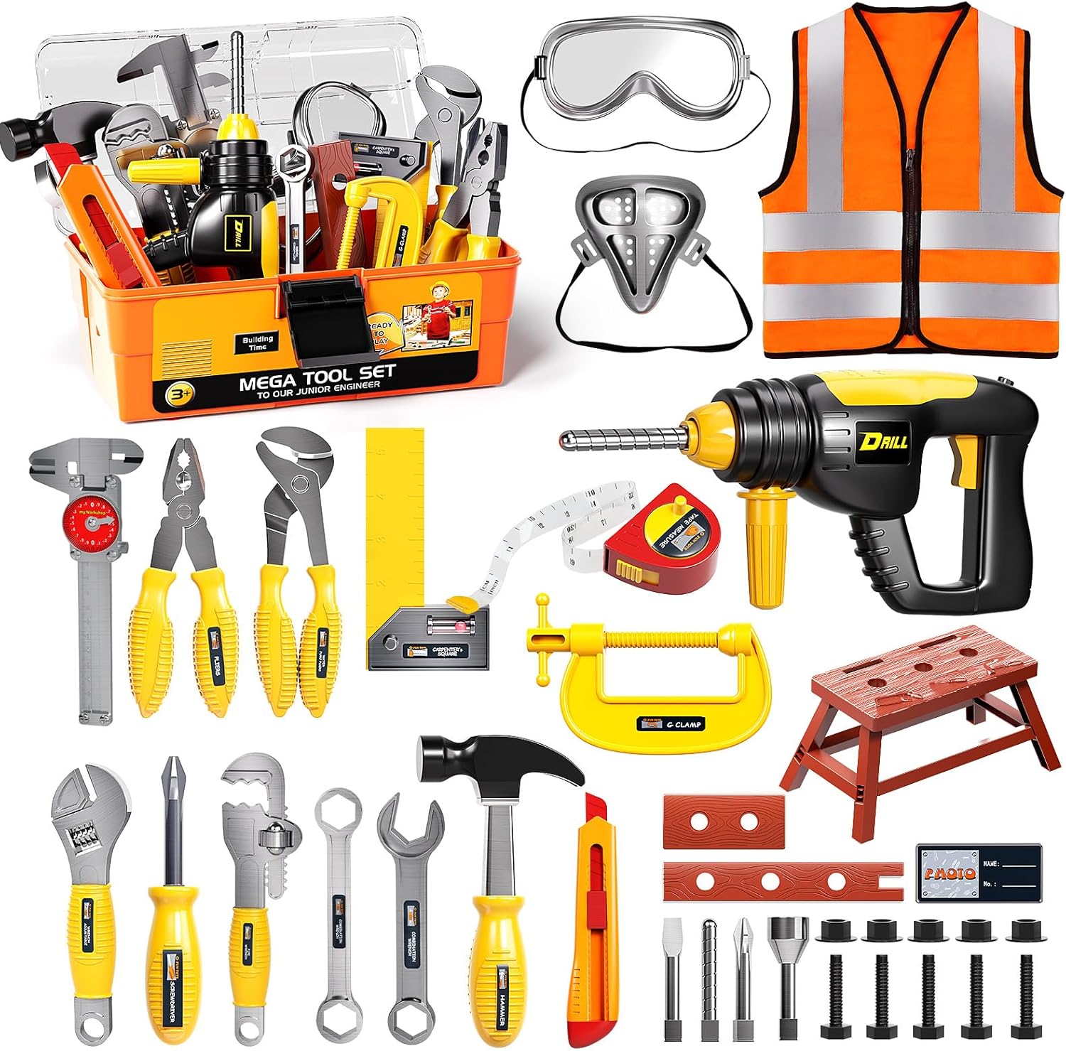 Orange Tool Set with Tool Box and Electronic Toy Drill