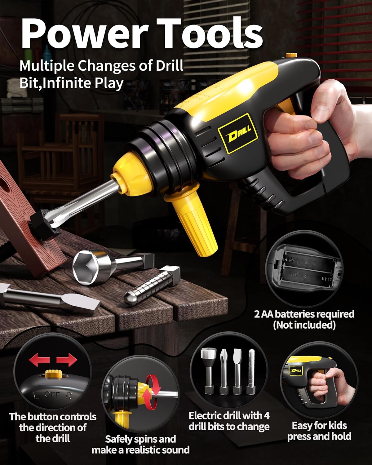 Orange Tool Set with Tool Box and Electronic Toy Drill