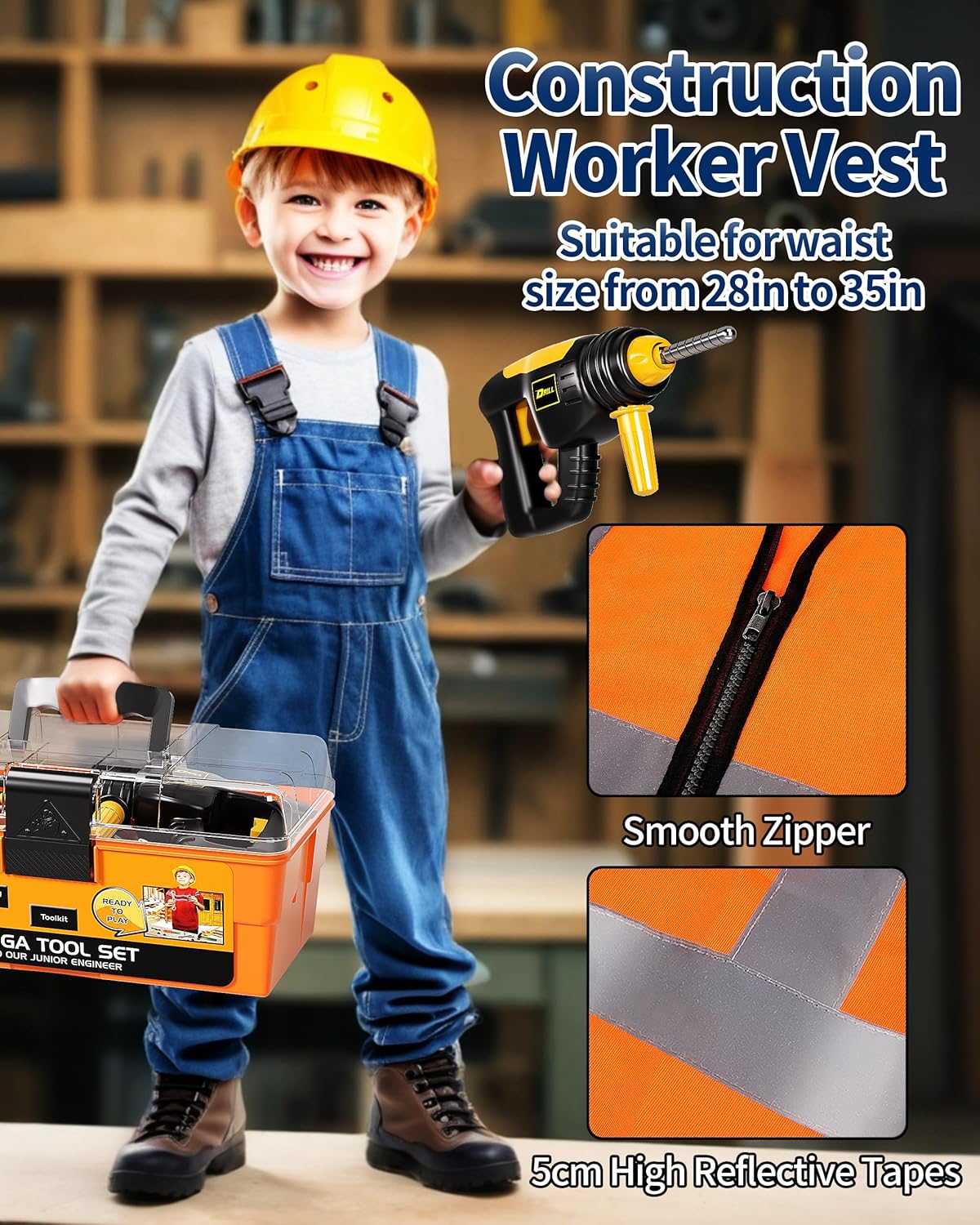 Orange Tool Set with Tool Box and Electronic Toy Drill