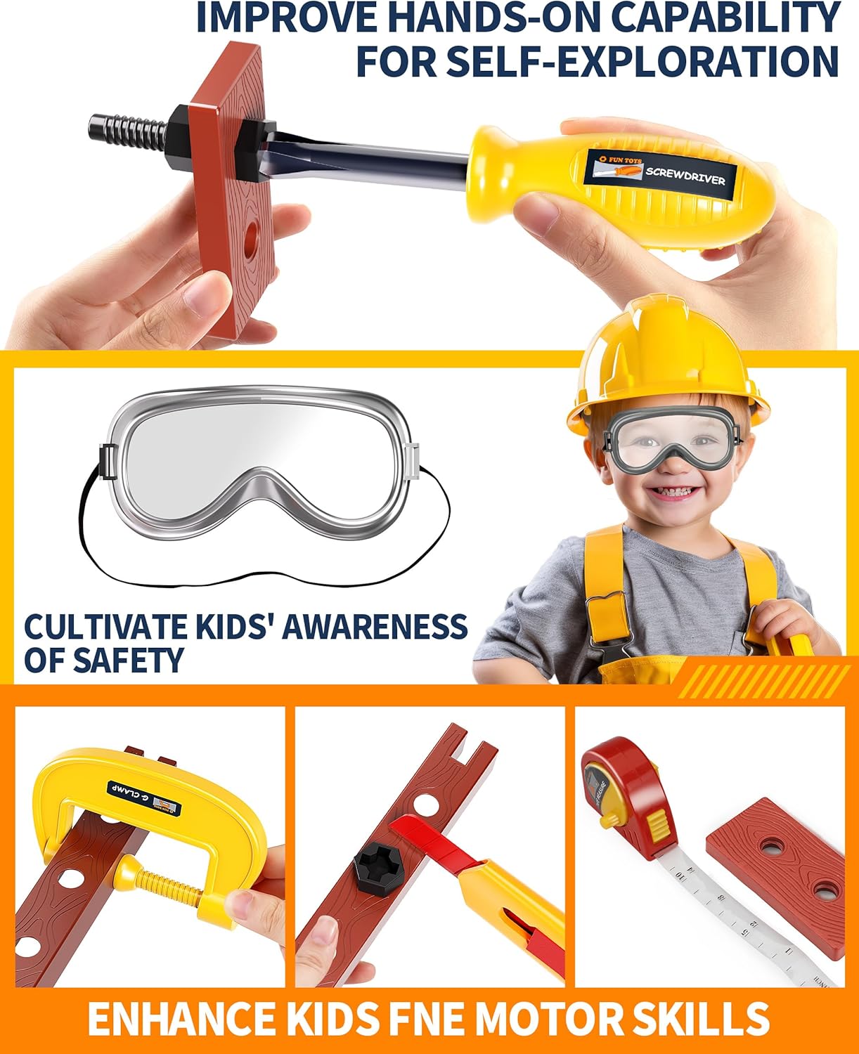 Orange Tool Set with Tool Box and Electronic Toy Drill