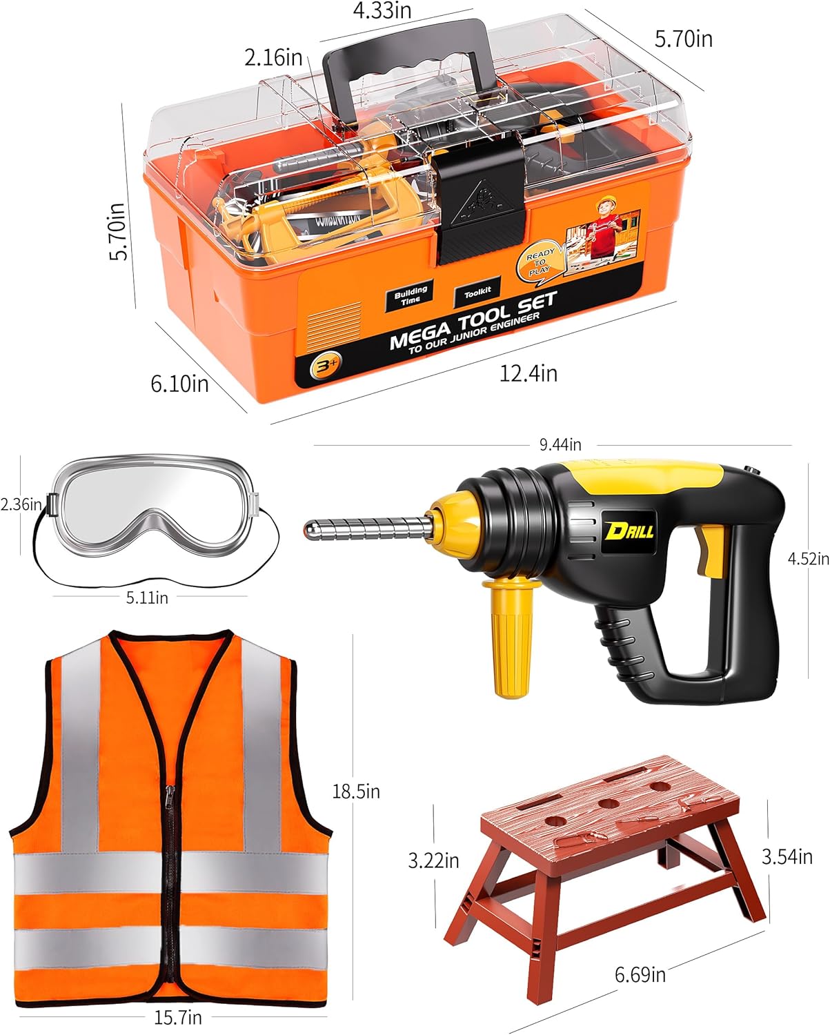 Orange Tool Set with Tool Box and Electronic Toy Drill