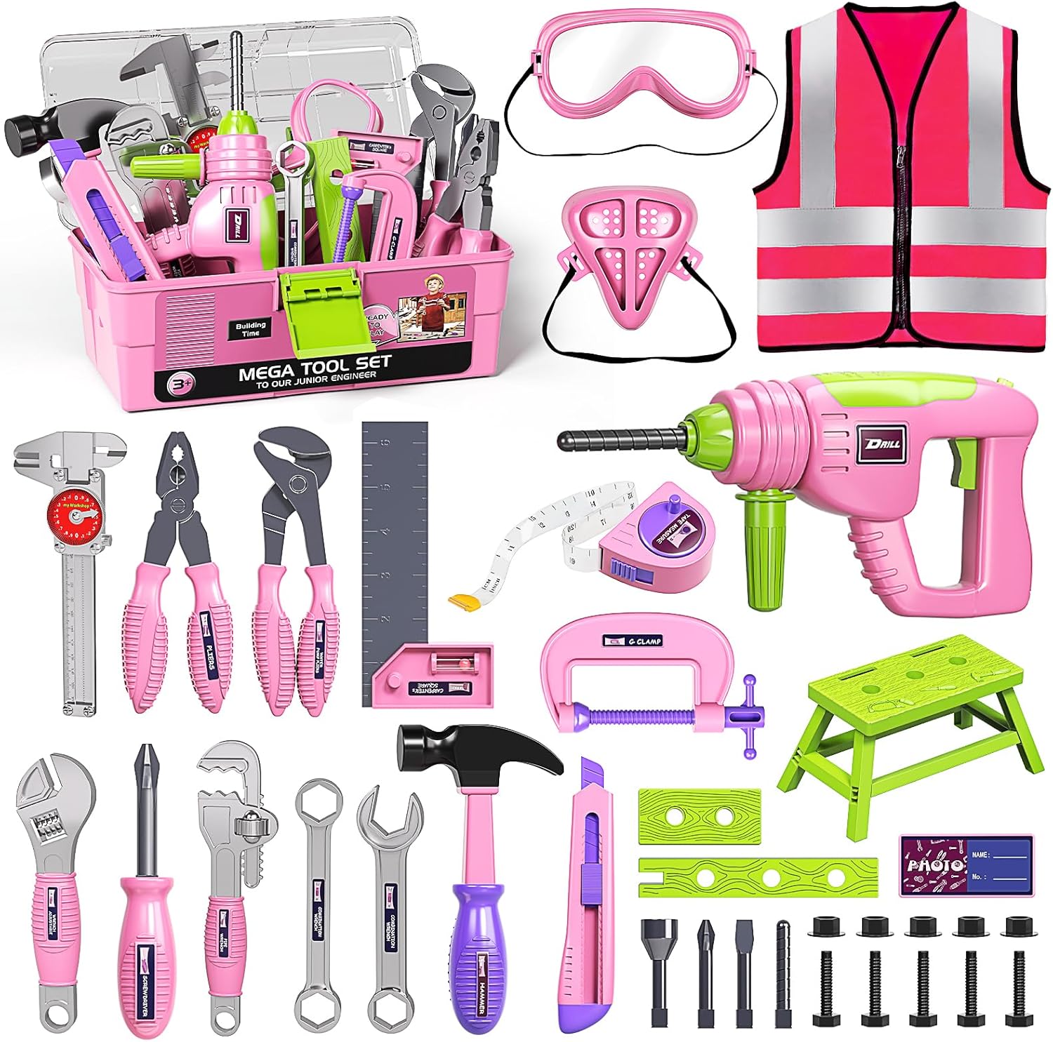 Pink Tool Set with Tool Box and Electronic Toy Drill