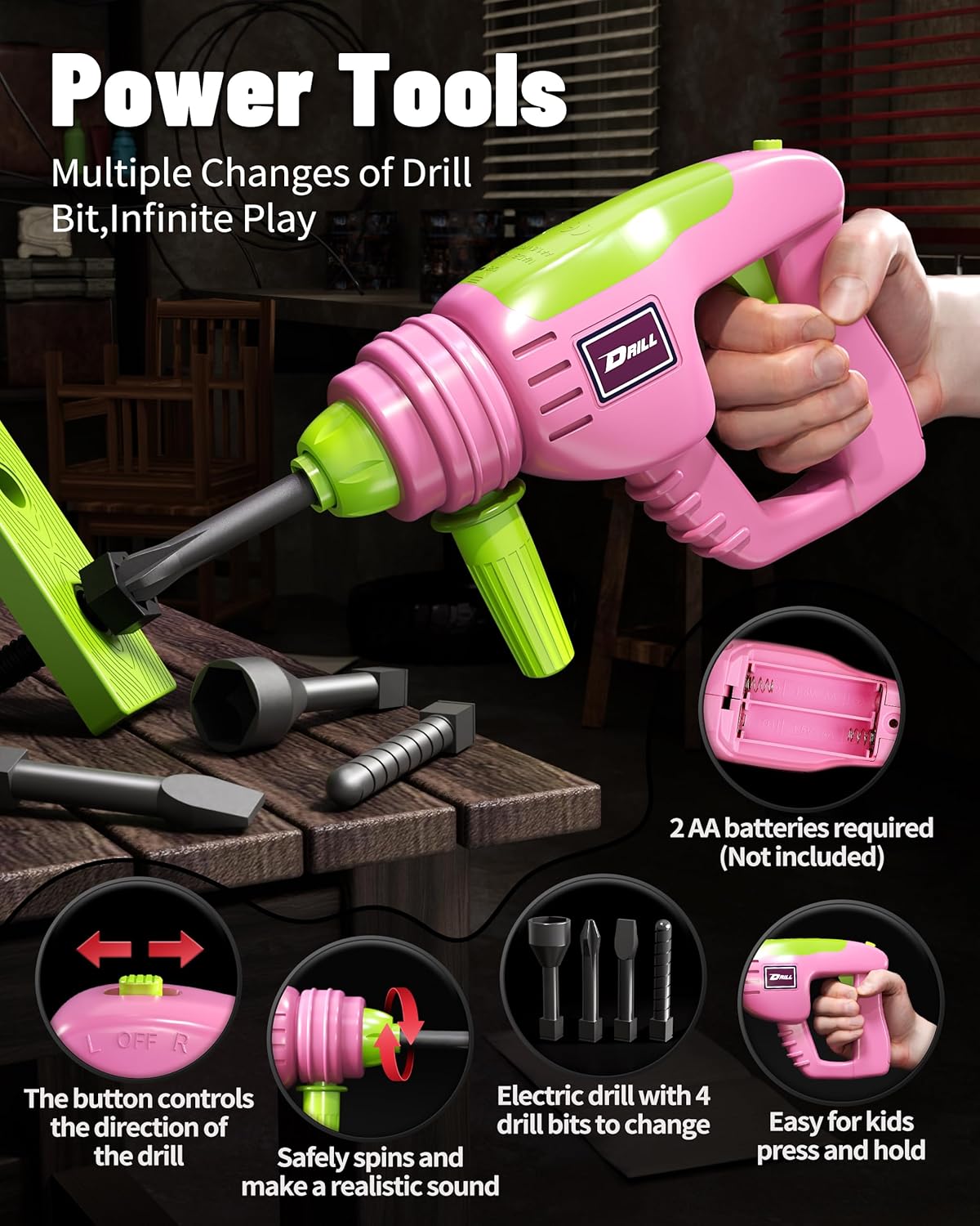 Pink Tool Set with Tool Box and Electronic Toy Drill