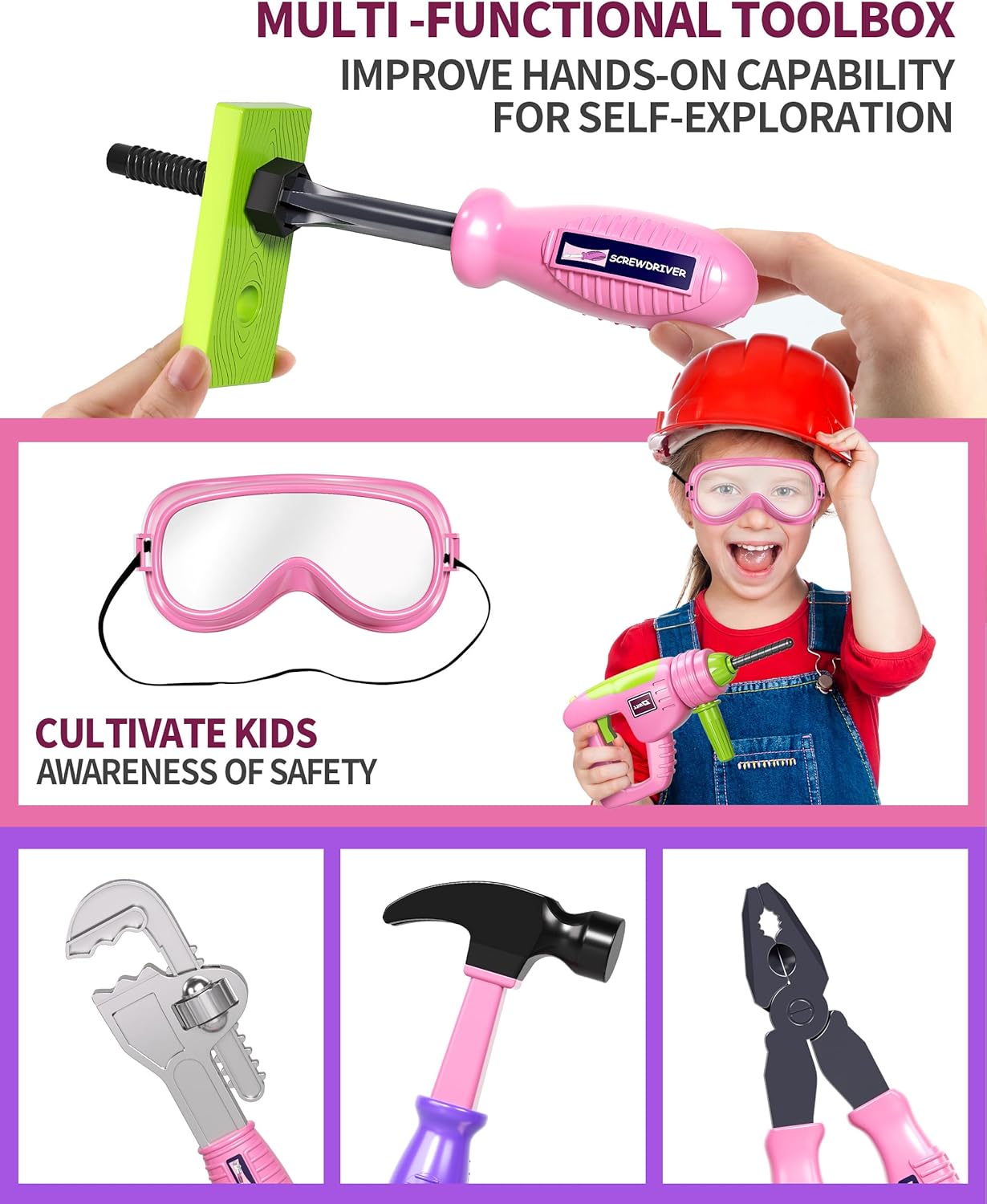 Pink Tool Set with Tool Box and Electronic Toy Drill