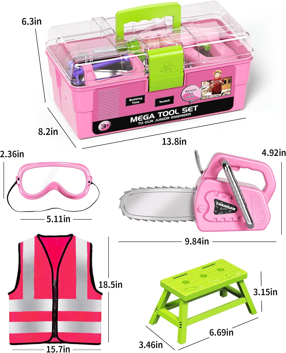 Pink Tool Set with Tool Box and Electronic Toy Drill