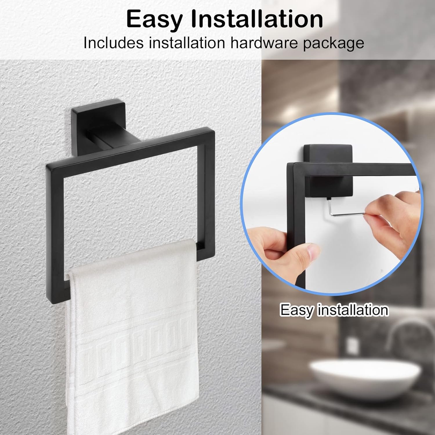 2 Piece Matte Black Square Towel Ring