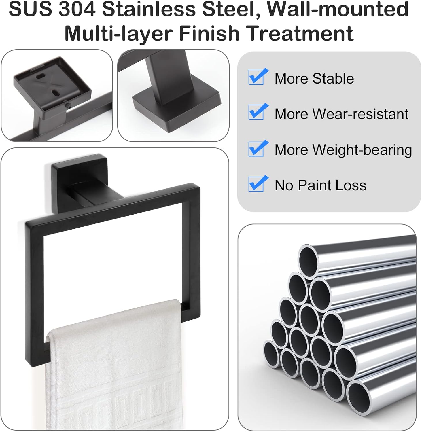 2 Piece Matte Black Square Towel Ring