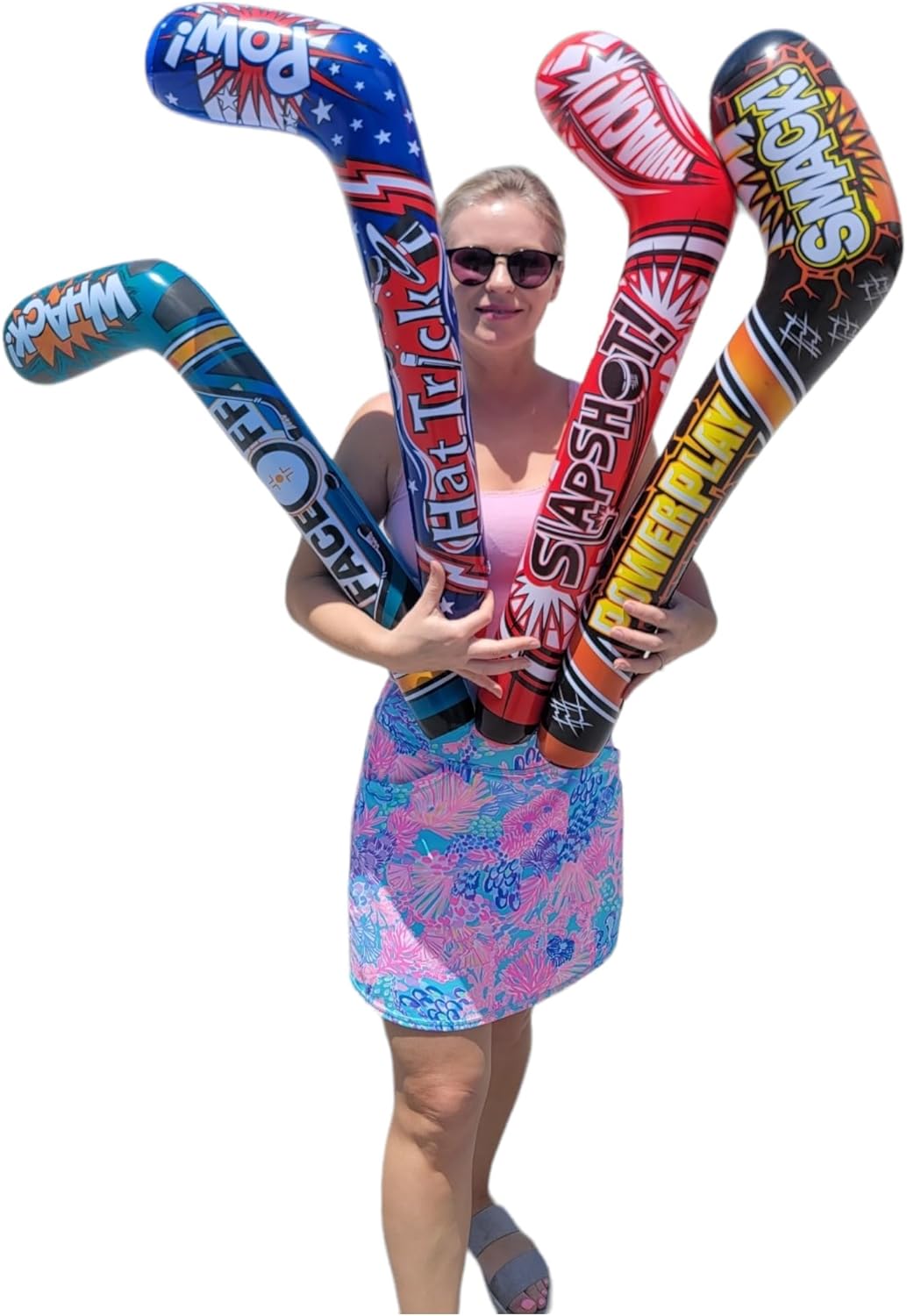 35 Inch Inflatable Hockey Stick, 24 Pack - 4 Designs