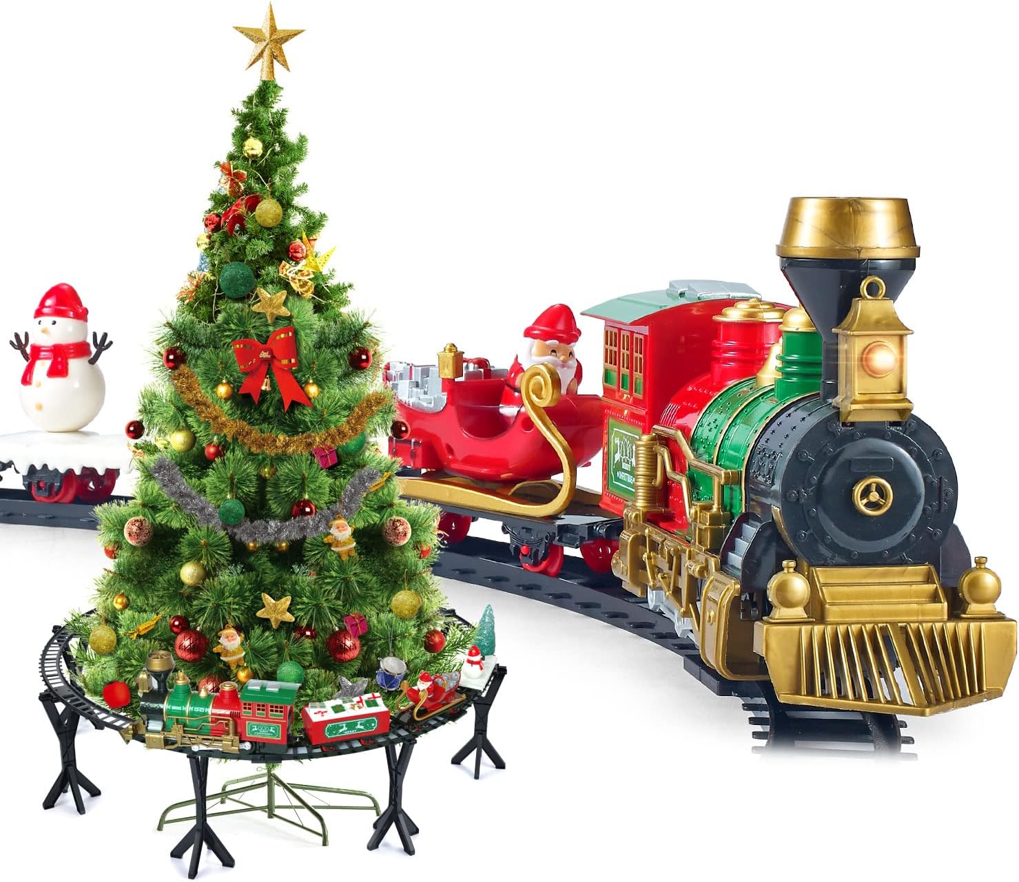 Christmas Train Set with Elevated Track, Santa, Snowman, Christmas Tree, Cargo Car