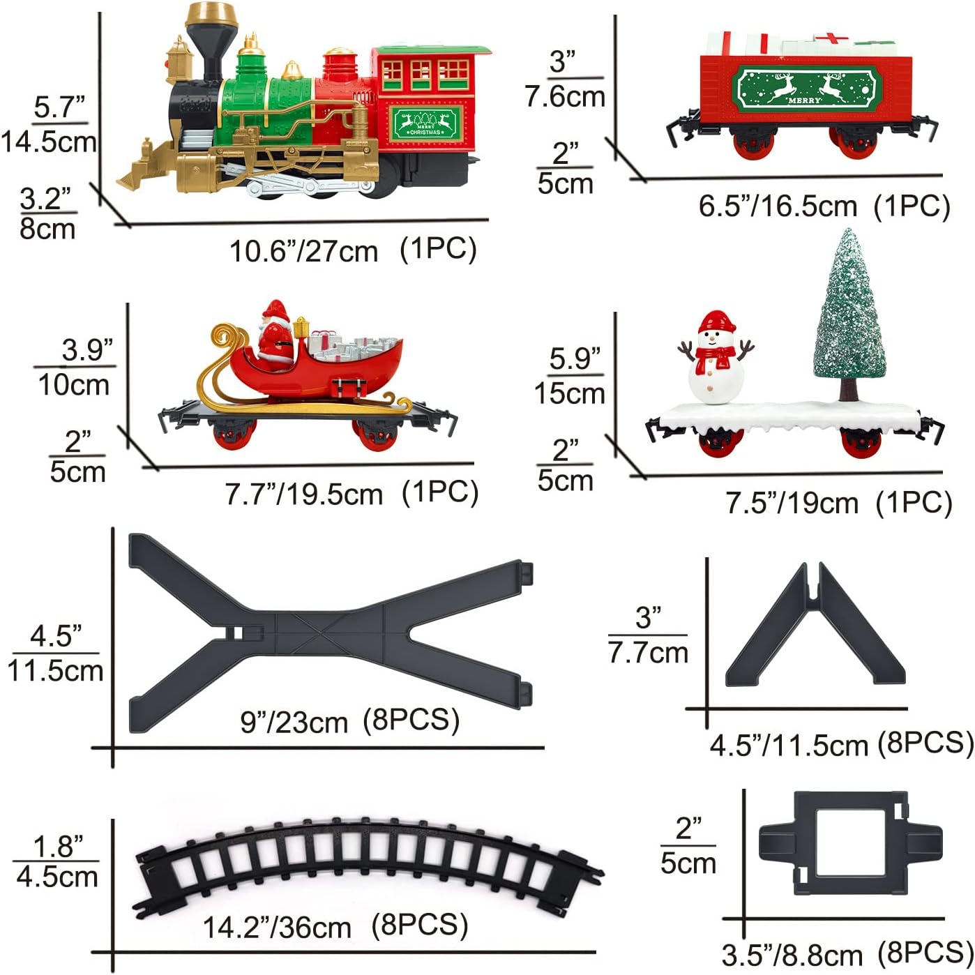 Christmas Train Set with Elevated Track, Santa, Snowman, Christmas Tree, Cargo Car