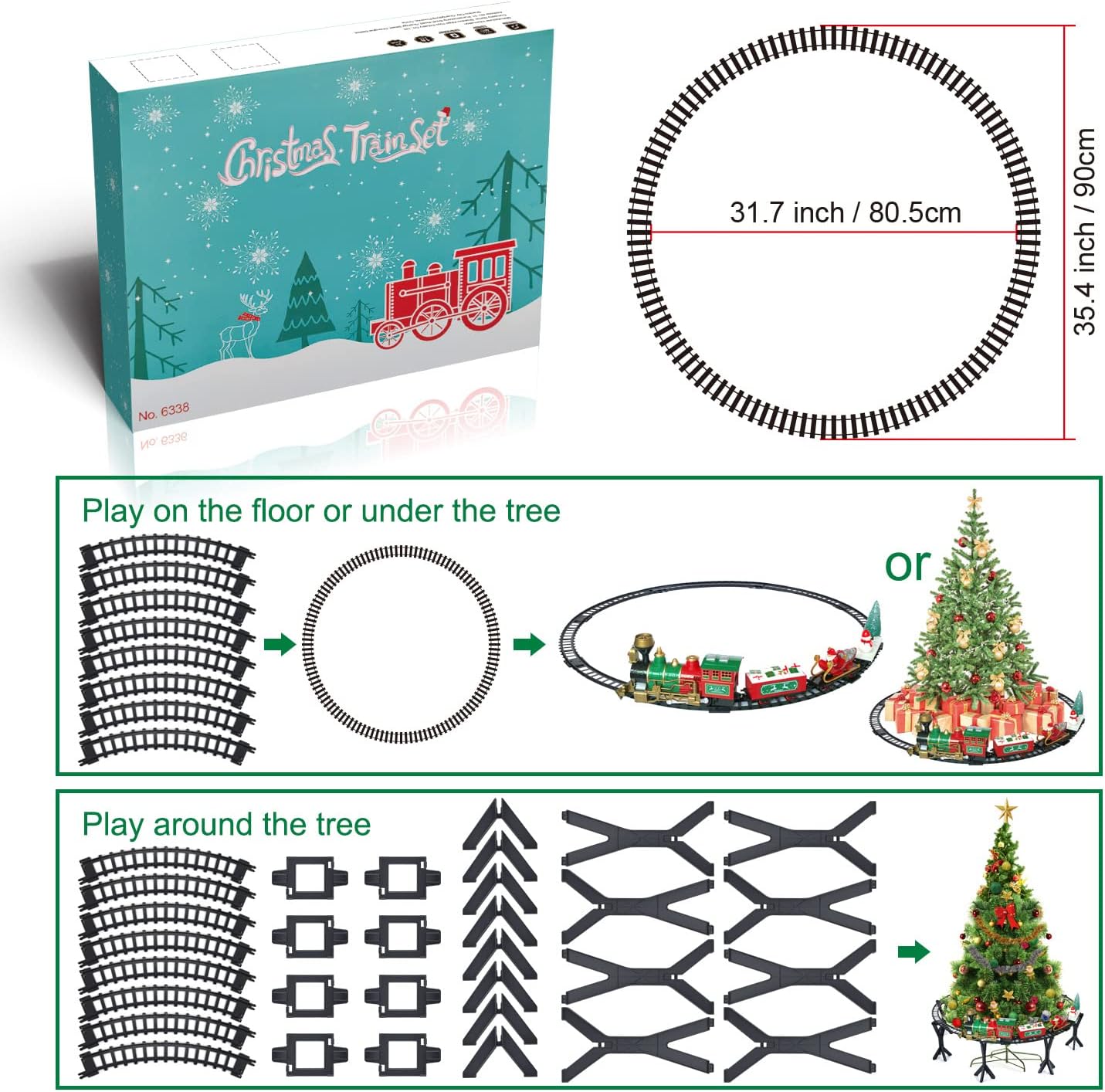 Christmas Train Set with Elevated Track, Santa, Snowman, Christmas Tree, Cargo Car