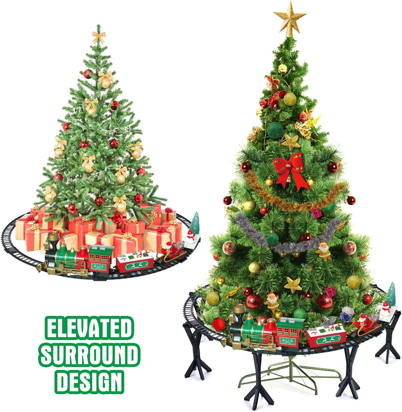 Christmas Train Set with Elevated Track, Santa, Snowman, Christmas Tree, Cargo Car