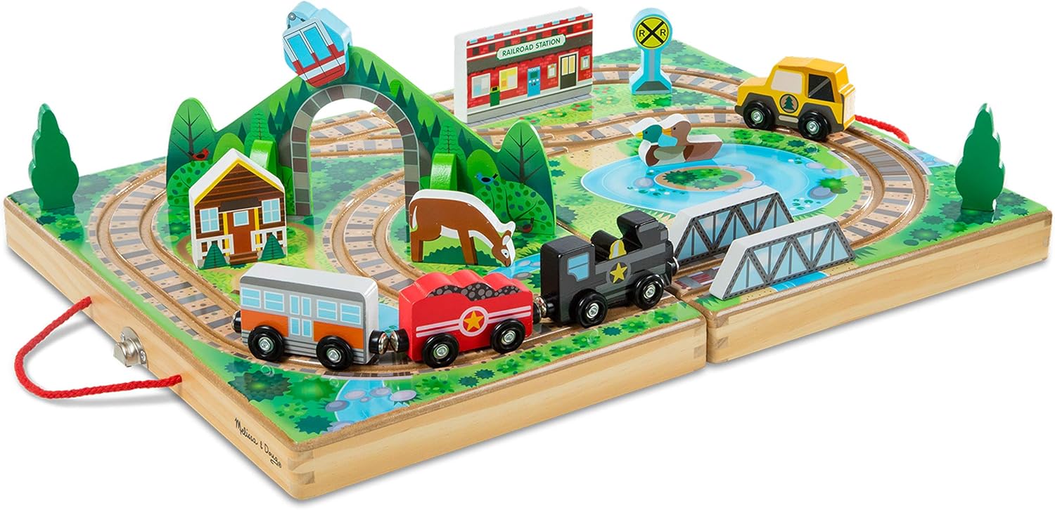 17 Pack Wooden Railroad Set, 3 Trains & Trucks