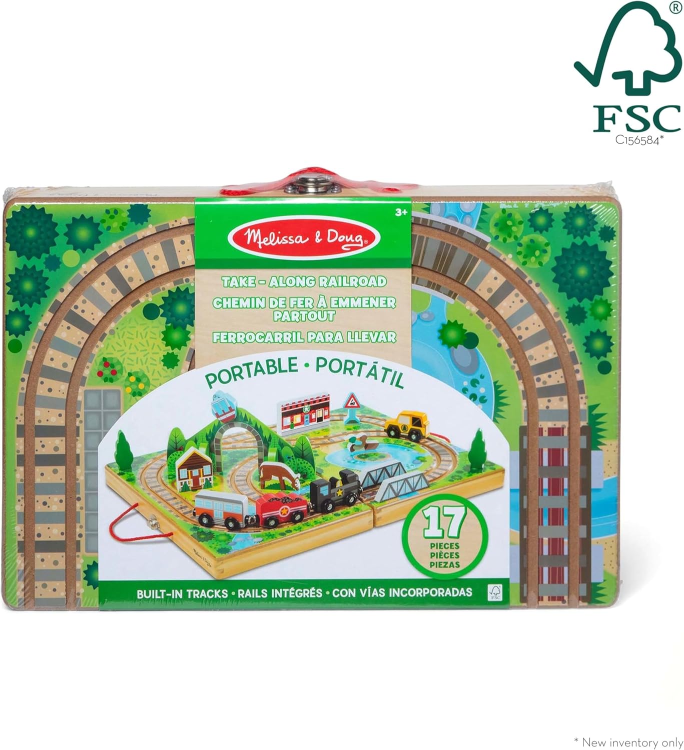 17 Pack Wooden Railroad Set, 3 Trains & Trucks