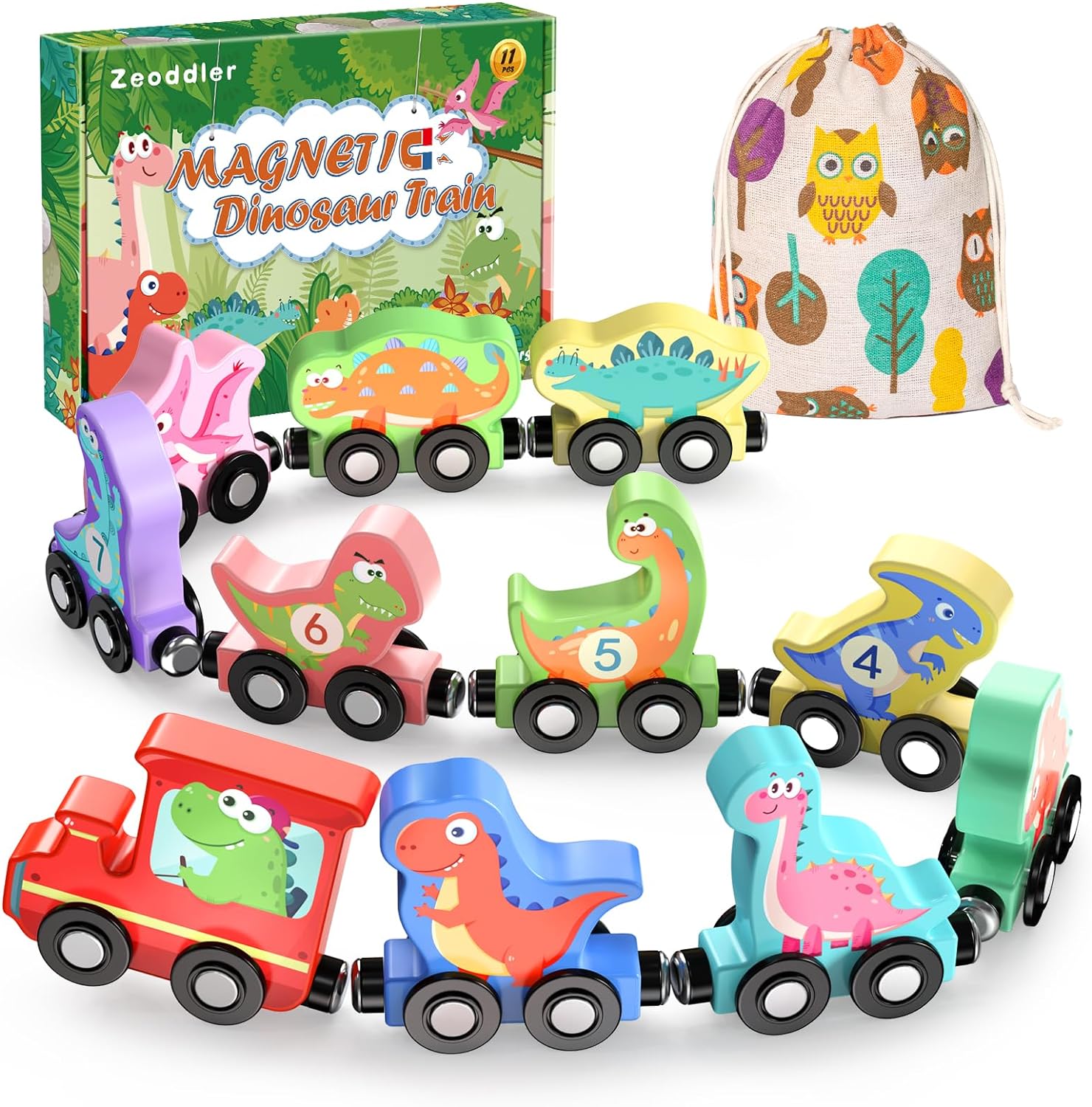 11 Pack Magnetic Wooden Dinosaur Train Set, Toys