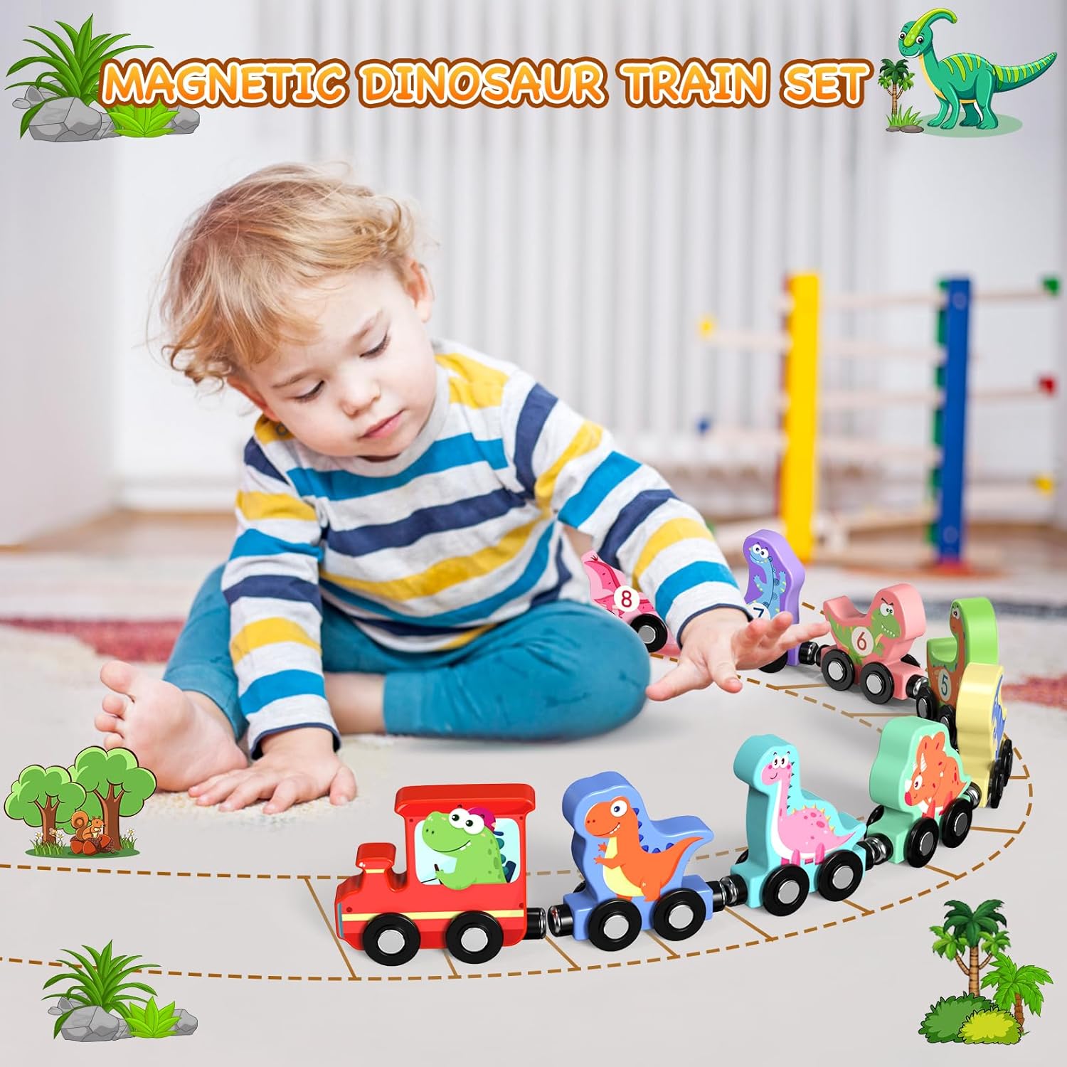 11 Pack Magnetic Wooden Dinosaur Train Set, Toys