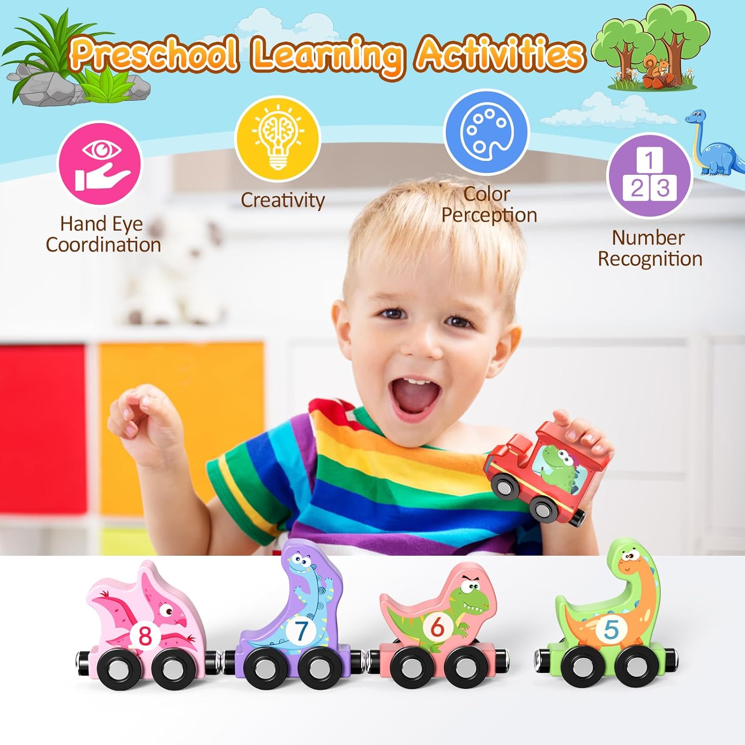 11 Pack Magnetic Wooden Dinosaur Train Set, Toys