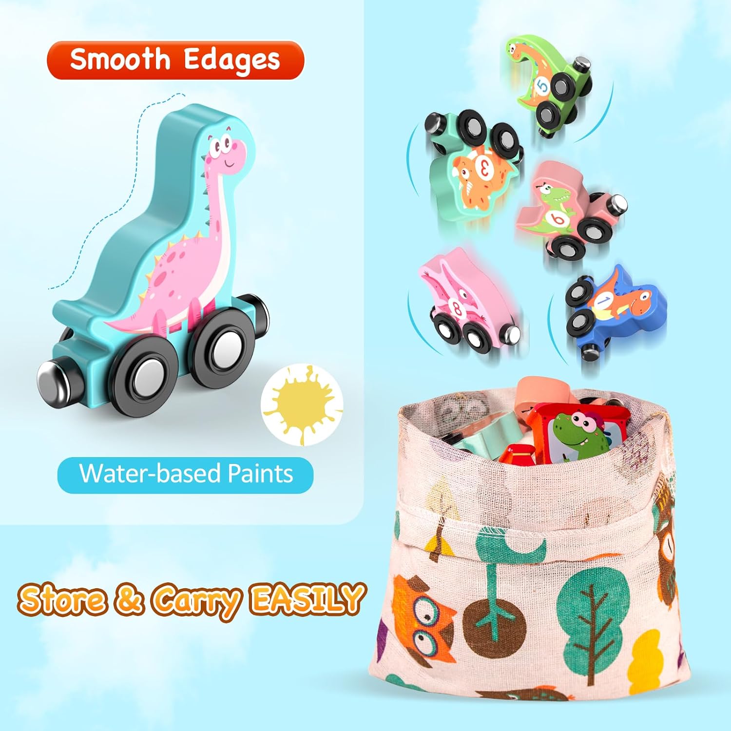 11 Pack Magnetic Wooden Dinosaur Train Set, Toys
