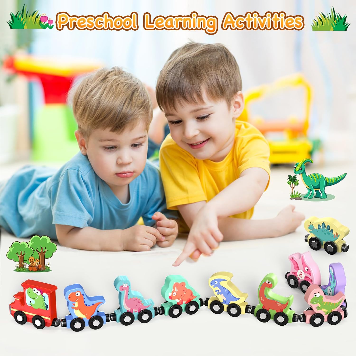 11 Pack Magnetic Wooden Dinosaur Train Set, Toys
