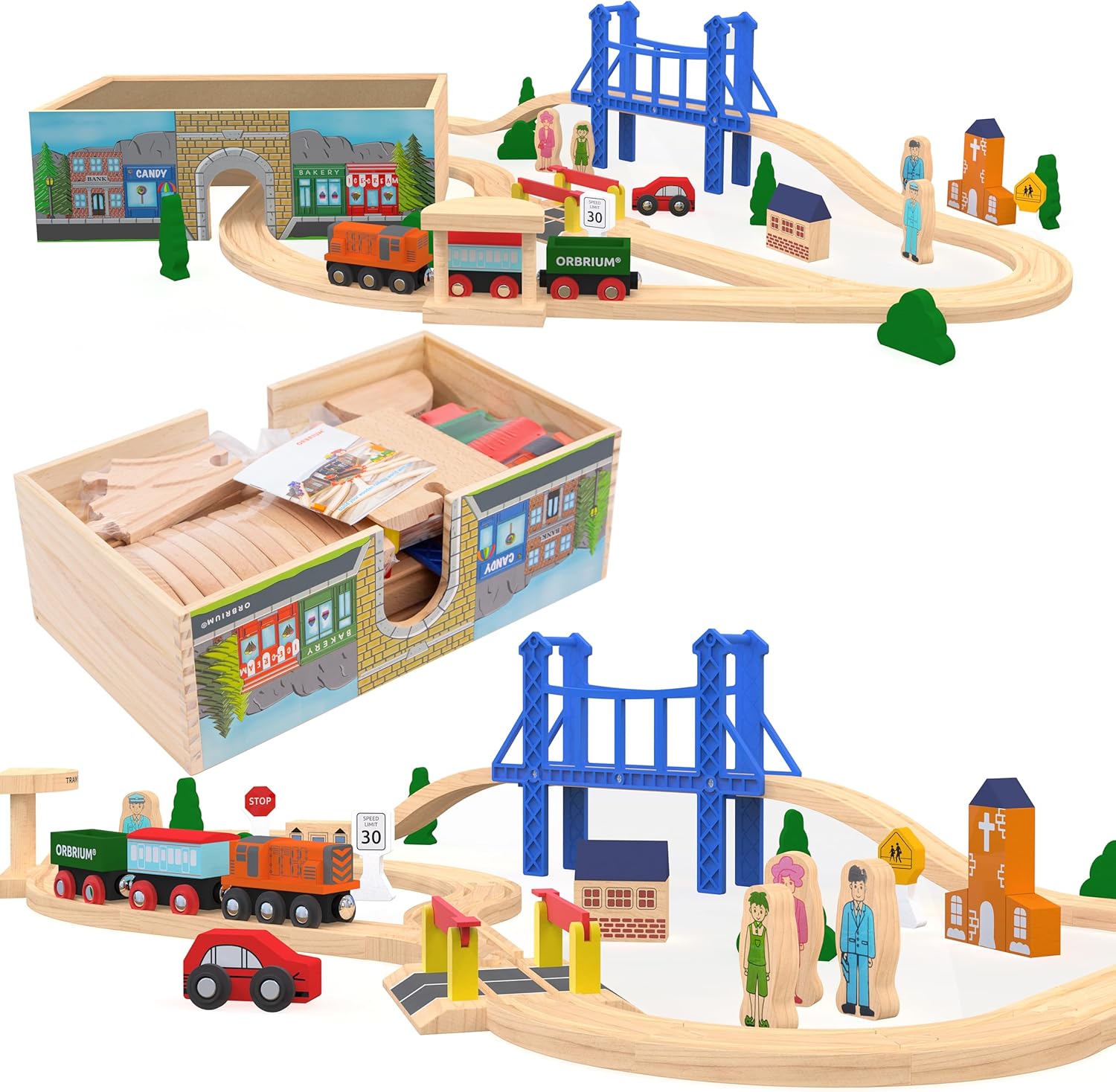 52 Pack Deluxe Wooden Train Set, Storage Box