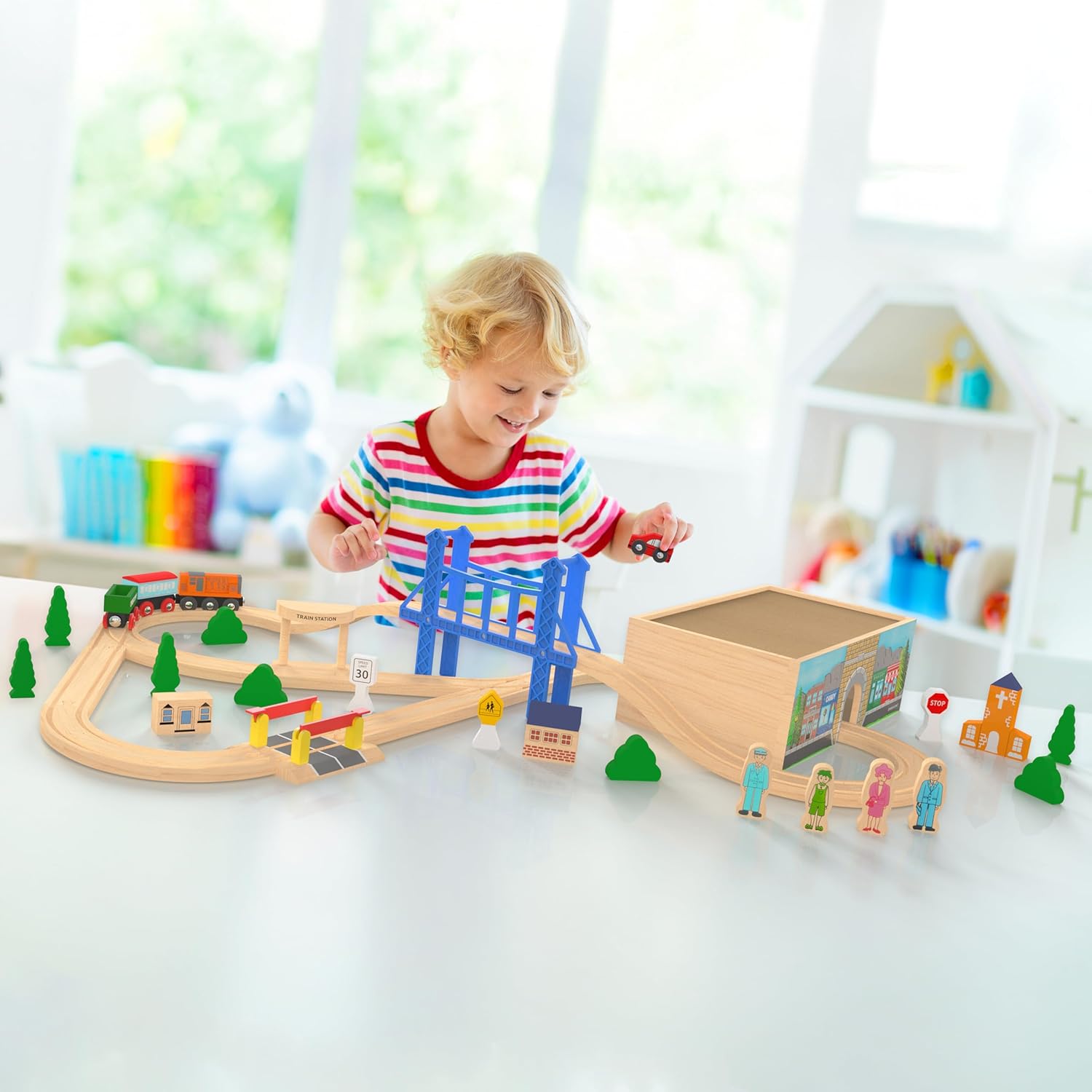 52 Pack Deluxe Wooden Train Set, Storage Box