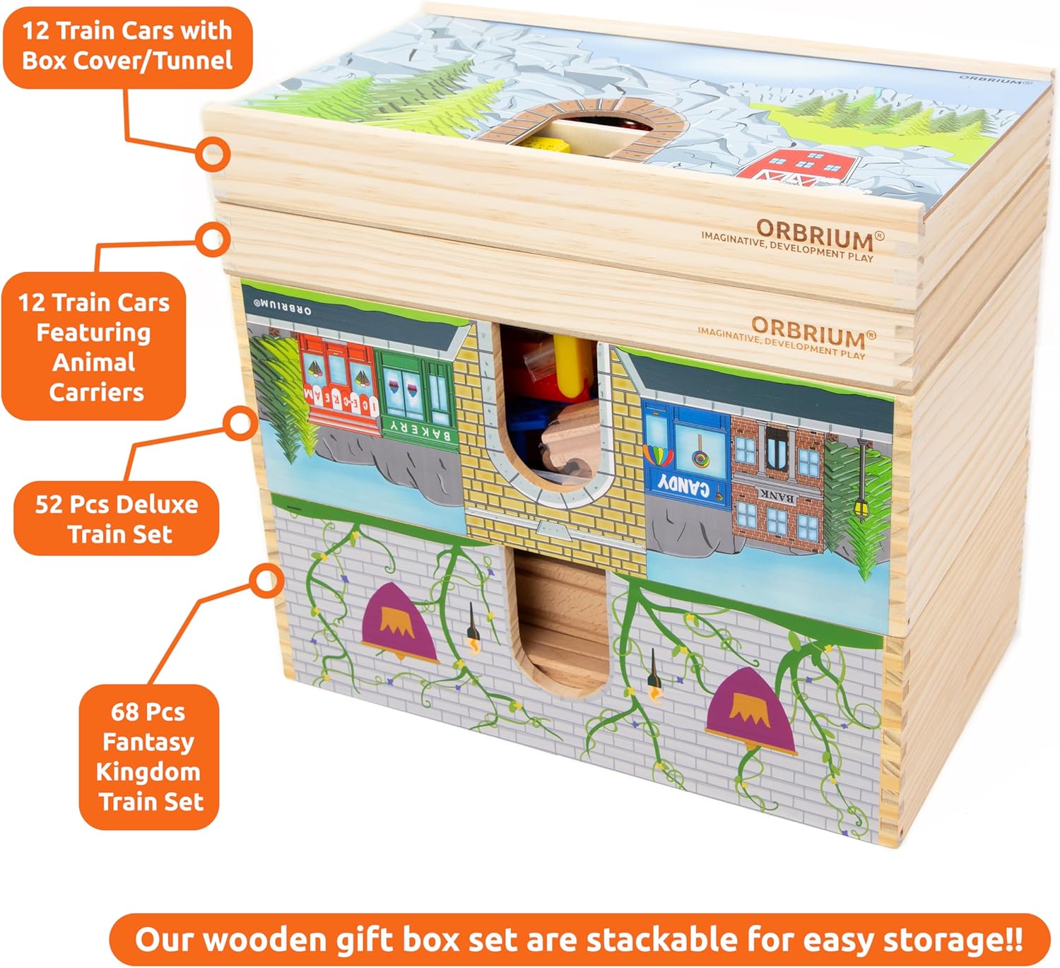 52 Pack Deluxe Wooden Train Set, Storage Box