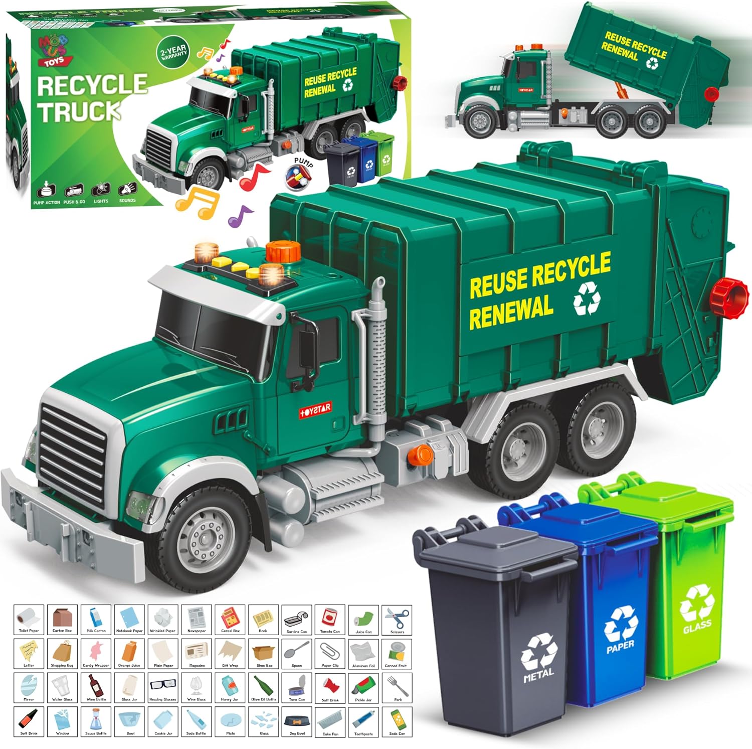 Garbage Truck Toy, Recycling Truck with Flashcards