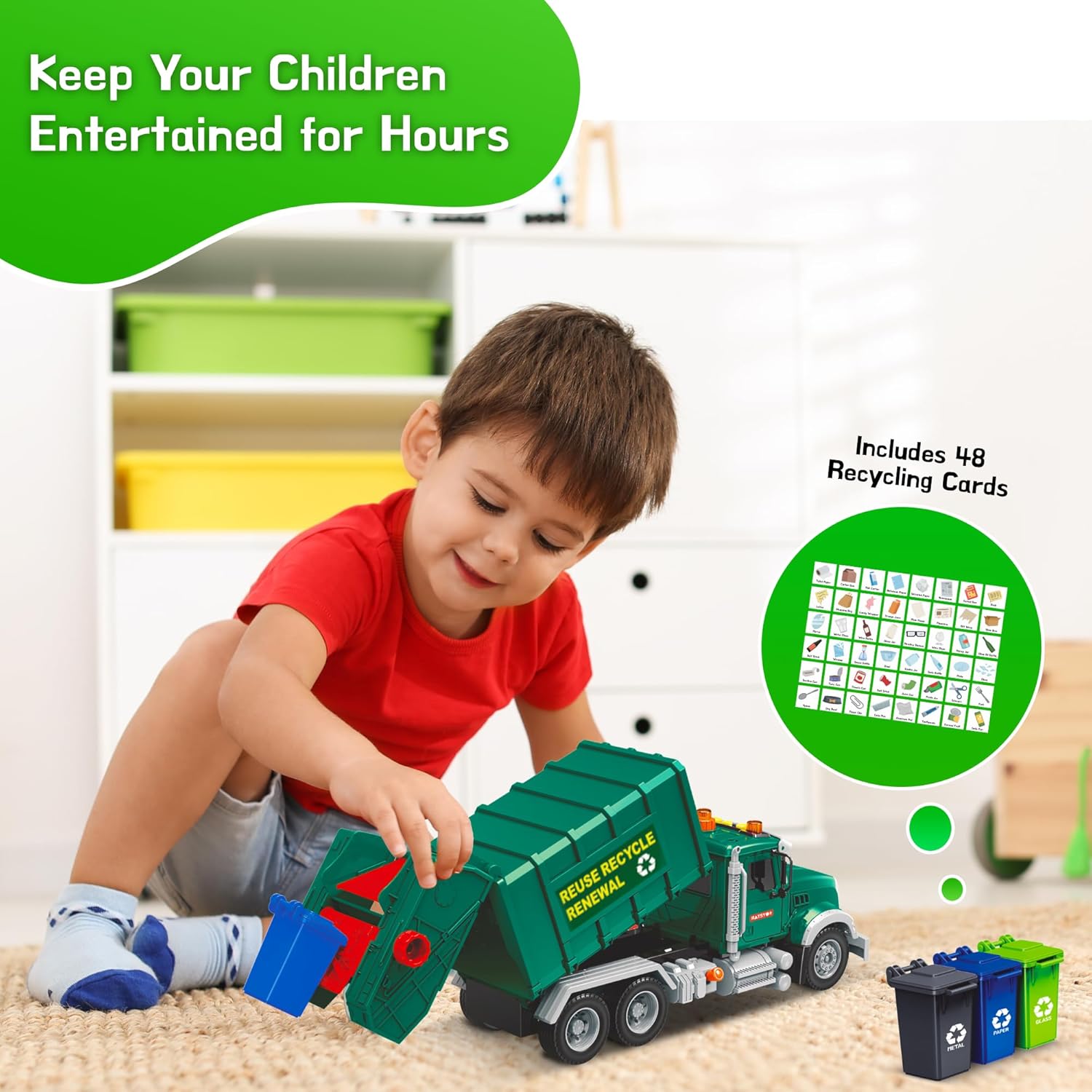 Garbage Truck Toy, Recycling Truck with Flashcards