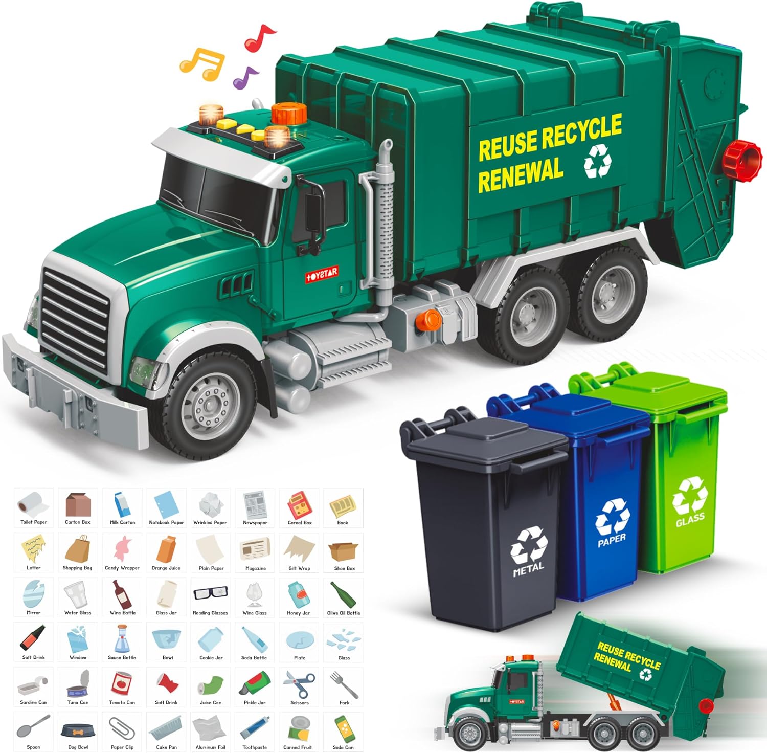 Garbage Truck Toy, Recycling Truck with Flashcards