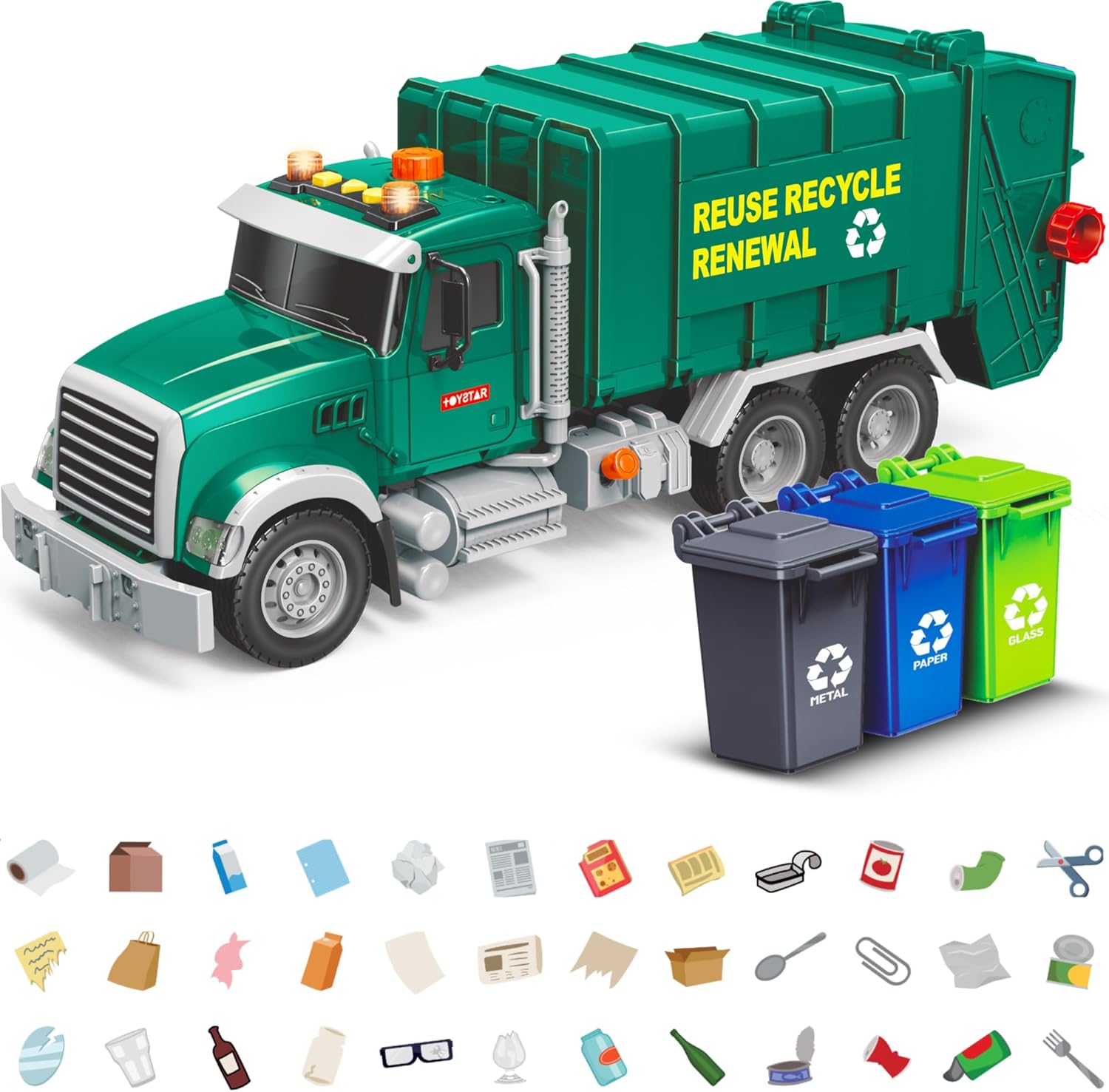 Garbage Truck Toy, Recycling Truck with Flashcards