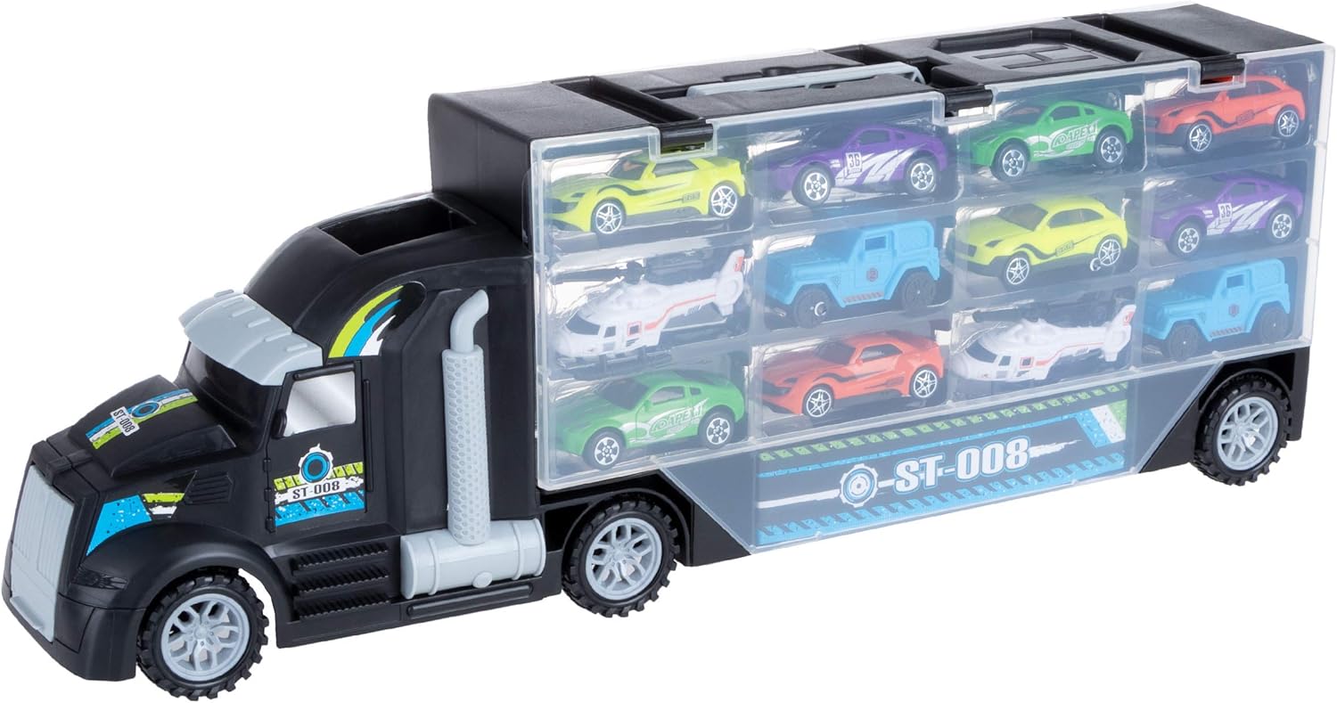 Car Carrier Semi Truck Toy, Double Sided, 10 Cars, 2 Helicopters