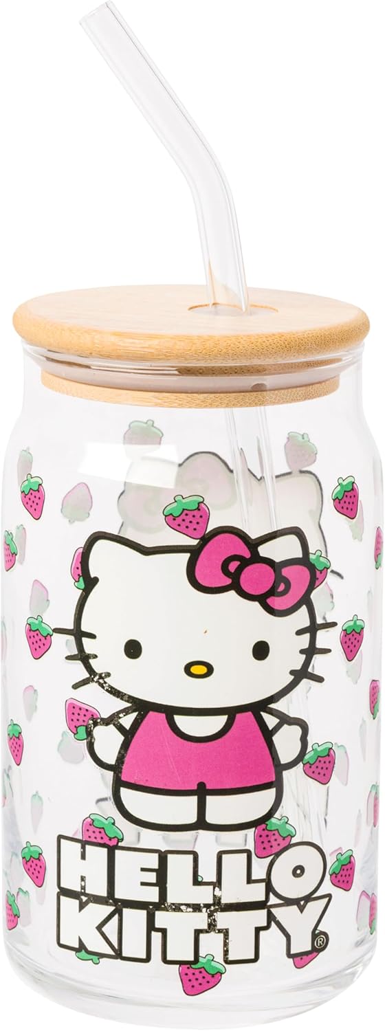 Sanrio Hello Kitty Strawberry Glass Mason Jar Glass with Bamboo Lid and Glass Straw, 16 Ounce