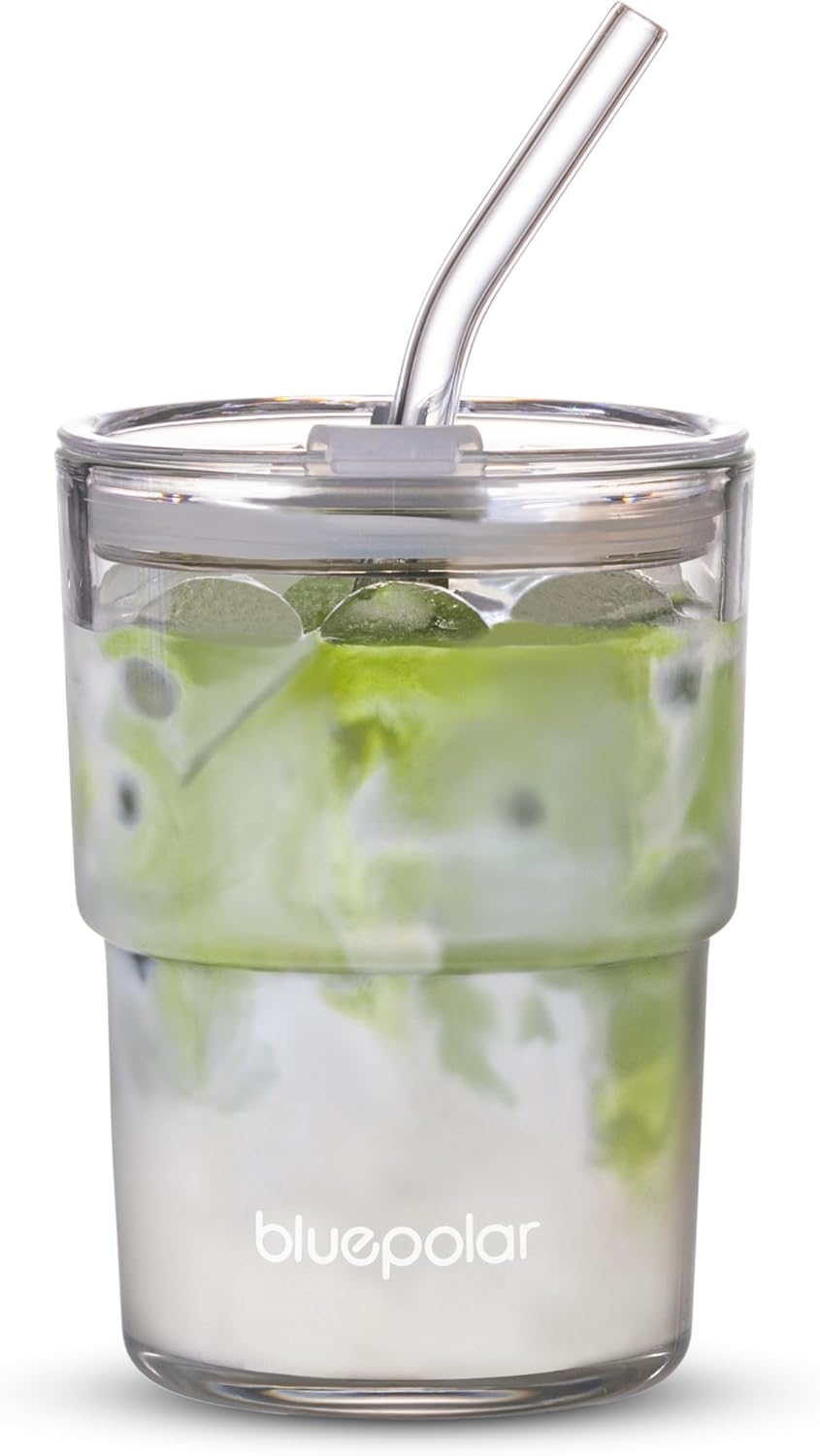13 oz/400 ml Glass Mug with Straw and Lid Sealed Portable Thick Wall Iced Coffee Mug Mug, Iced Tea Juice etc. (Aurora White)