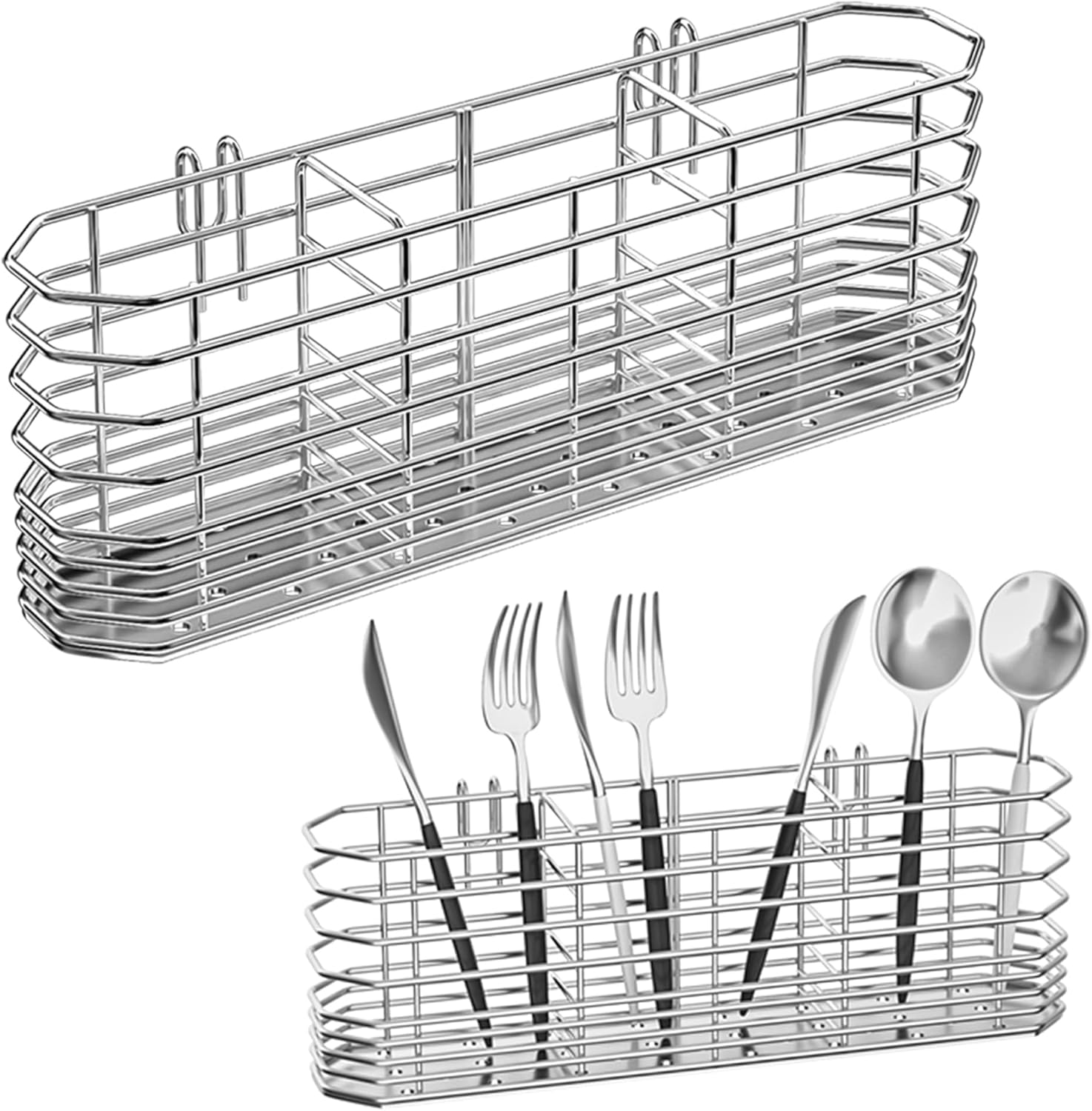 NiuYichee 304 Stainless Steel Cutlery Rack Dish Drying Rack Kitchen Utensils Storage Rack Knife & Fork Drainage Rack Kitchen Drainage Basket Accessories With Hooks Rustproof Silver