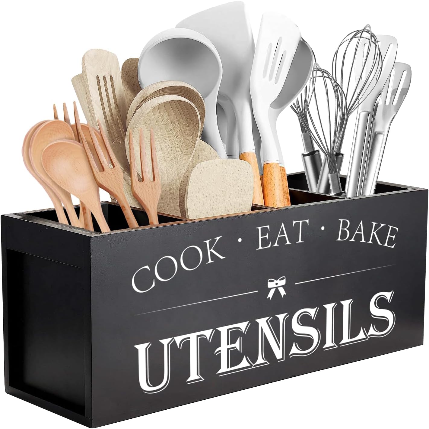 Oversized Kitchen Utensil Holder with 4 Compartments, Wooden Cutlery Organizer for Kitchen Countertops, Farmhouse Kitchen Decor, Rustic Cooking Utensils - Black