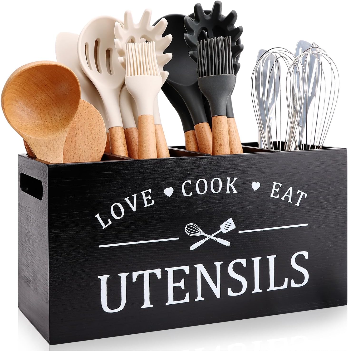 Black Farmhouse Utensil Rack For Kitchen Counter Oversized Cooking Utensil Rack Storage Rack For Countertop Rustic Wooden Kitchen Tools Decorative Utensils Crock Spatula Holder