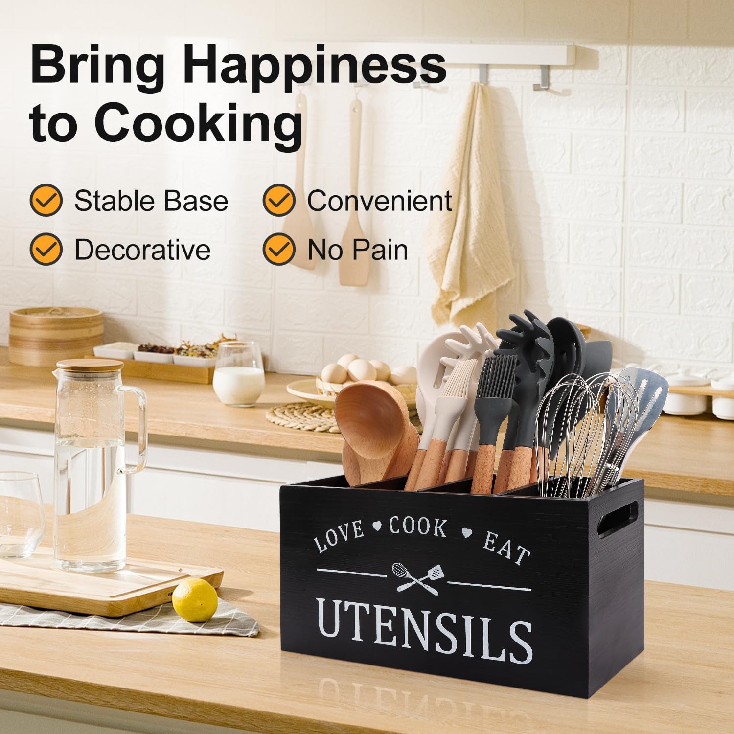 Black Farmhouse Utensil Rack For Kitchen Counter Oversized Cooking Utensil Rack Storage Rack For Countertop Rustic Wooden Kitchen Tools Decorative Utensils Crock Spatula Holder