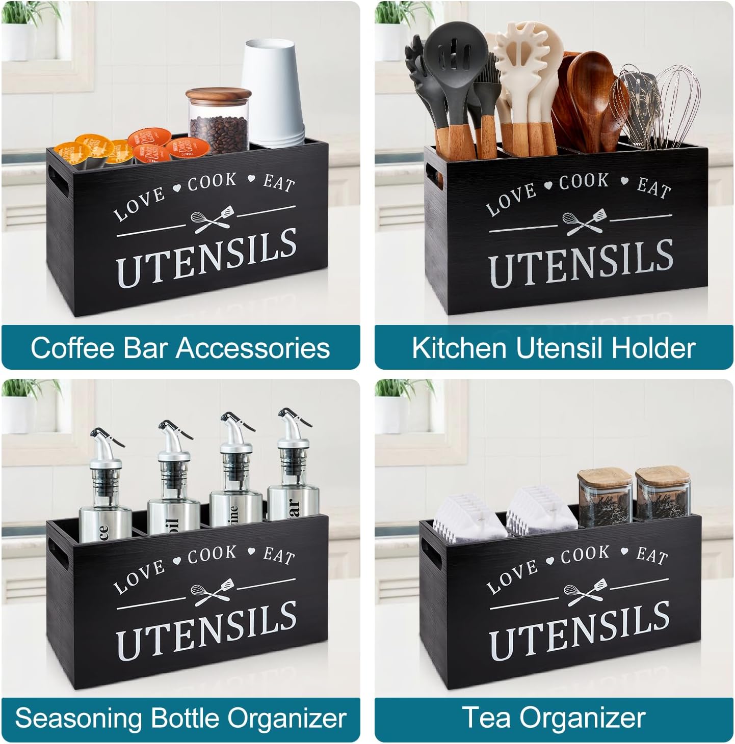 Black Farmhouse Utensil Rack For Kitchen Counter Oversized Cooking Utensil Rack Storage Rack For Countertop Rustic Wooden Kitchen Tools Decorative Utensils Crock Spatula Holder