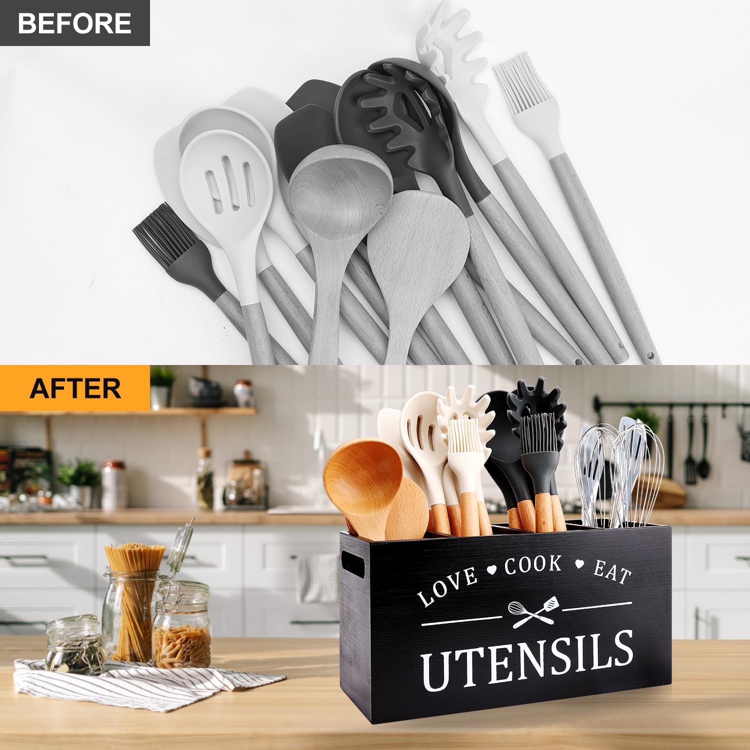 Black Farmhouse Utensil Rack For Kitchen Counter Oversized Cooking Utensil Rack Storage Rack For Countertop Rustic Wooden Kitchen Tools Decorative Utensils Crock Spatula Holder