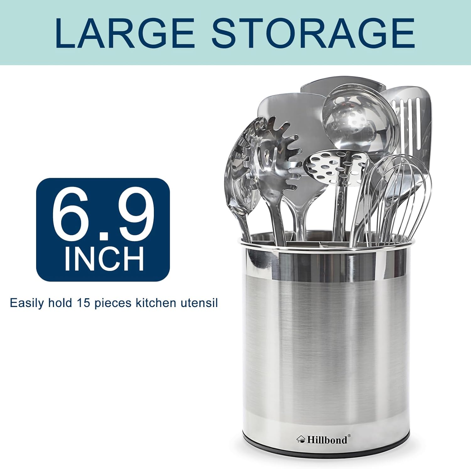Hillbond Stainless Steel Utensil Holder for Kitchen Counter with Removable Divider, 6.9 x 7.5 Inch (Approx. 17.5 x 19.1 cm) Countertop Metal Utensil Holder, 360 Rotating Spatula for Cooking (Extra Large)