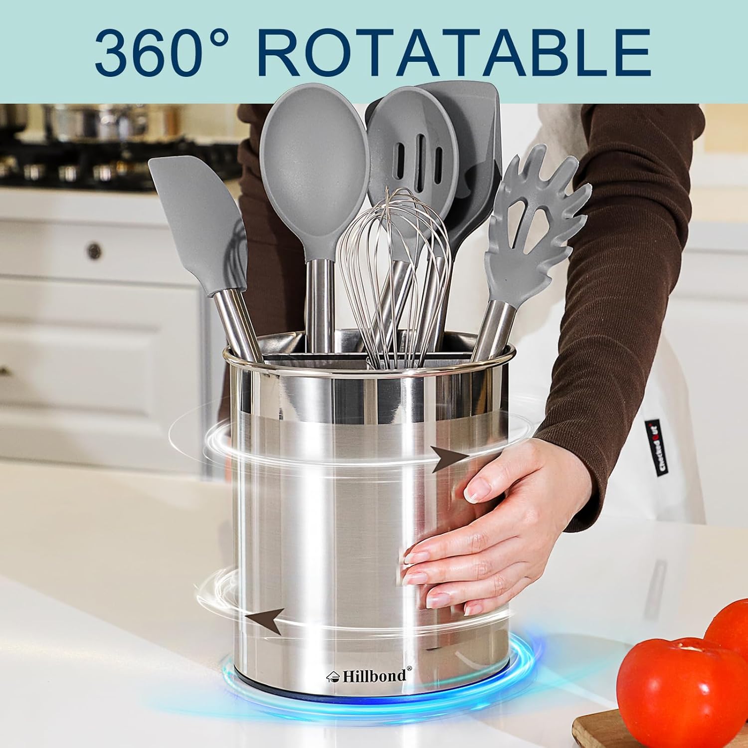 Hillbond Stainless Steel Utensil Holder for Kitchen Counter with Removable Divider, 6.9 x 7.5 Inch (Approx. 17.5 x 19.1 cm) Countertop Metal Utensil Holder, 360 Rotating Spatula for Cooking (Extra Large)