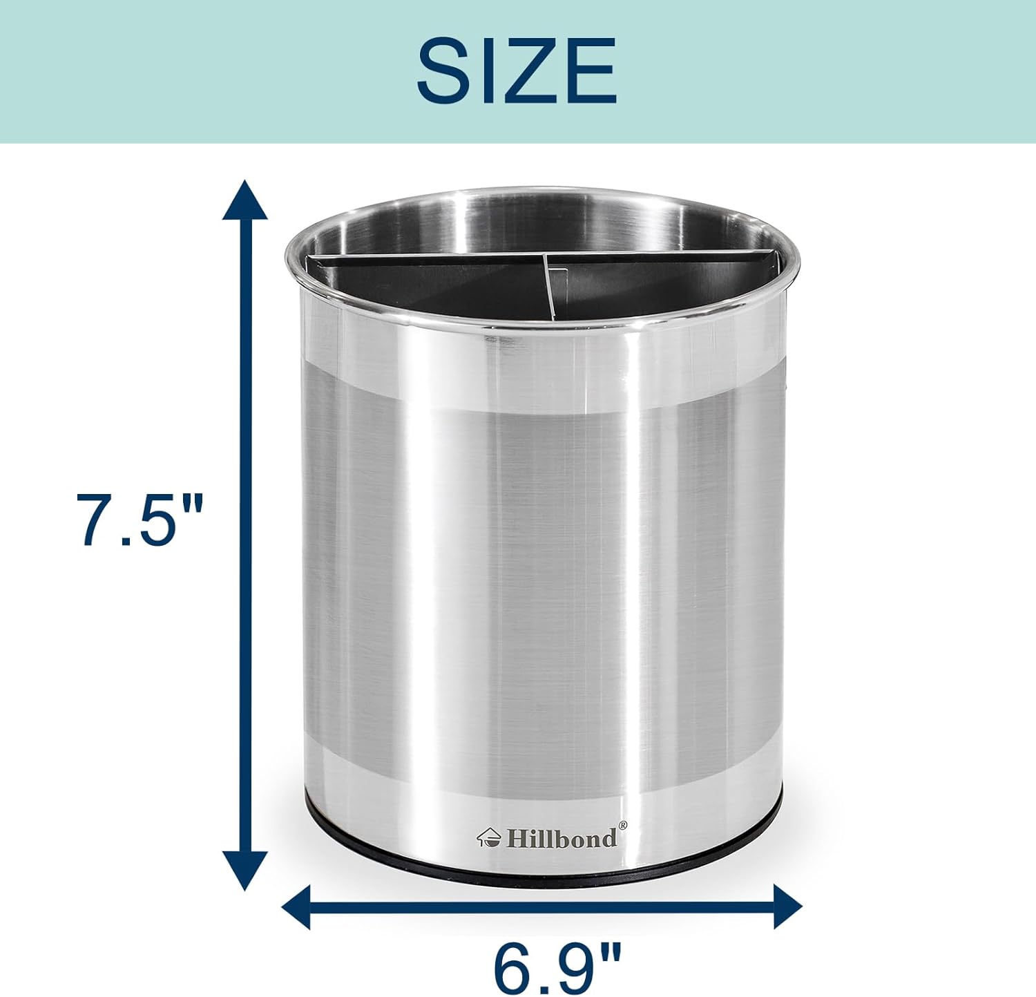 Hillbond Stainless Steel Utensil Holder for Kitchen Counter with Removable Divider, 6.9 x 7.5 Inch (Approx. 17.5 x 19.1 cm) Countertop Metal Utensil Holder, 360 Rotating Spatula for Cooking (Extra Large)