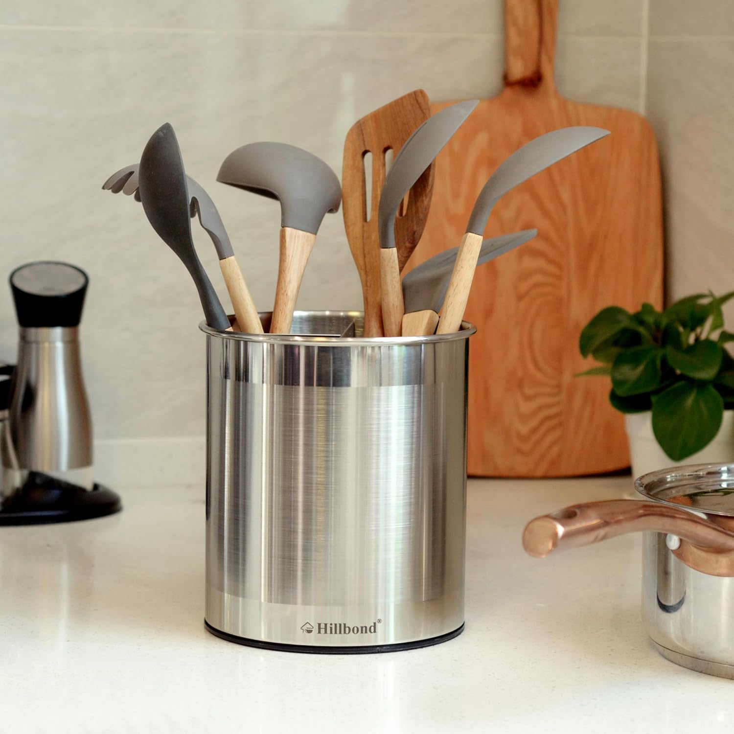 Hillbond Stainless Steel Utensil Holder for Kitchen Counter with Removable Divider, 6.9 x 7.5 Inch (Approx. 17.5 x 19.1 cm) Countertop Metal Utensil Holder, 360 Rotating Spatula for Cooking (Extra Large)