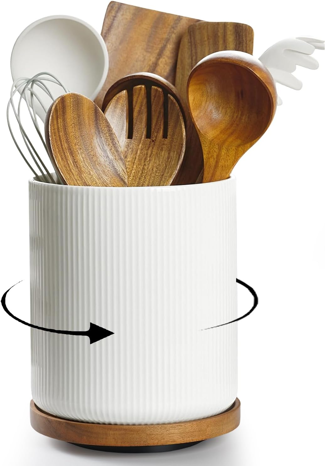 getstar utensil holder, 360 rotating large kitchen utensil holder, ceramic cooking utensil holder for kitchen counters, with rotating and removable wooden base