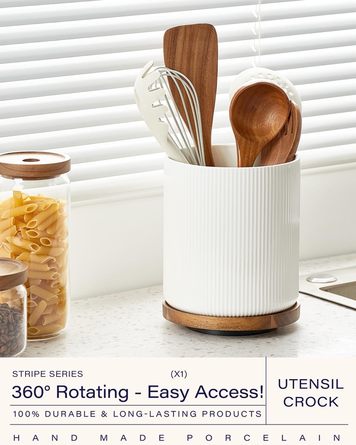 getstar utensil holder, 360 rotating large kitchen utensil holder, ceramic cooking utensil holder for kitchen counters, with rotating and removable wooden base