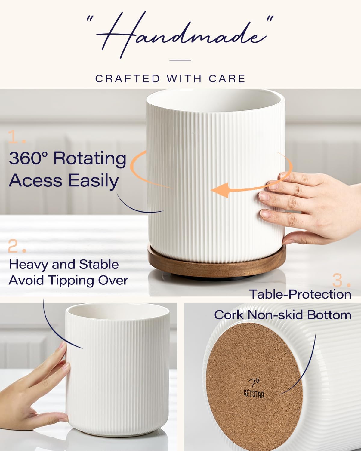 getstar utensil holder, 360 rotating large kitchen utensil holder, ceramic cooking utensil holder for kitchen counters, with rotating and removable wooden base